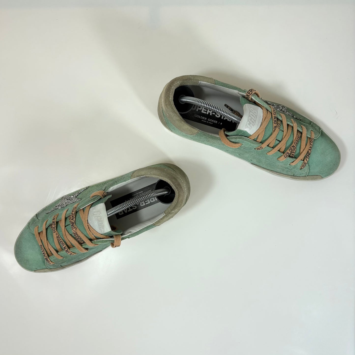 Golden goose Superstar verdi con talloncini tortora e stella argento glitter 39