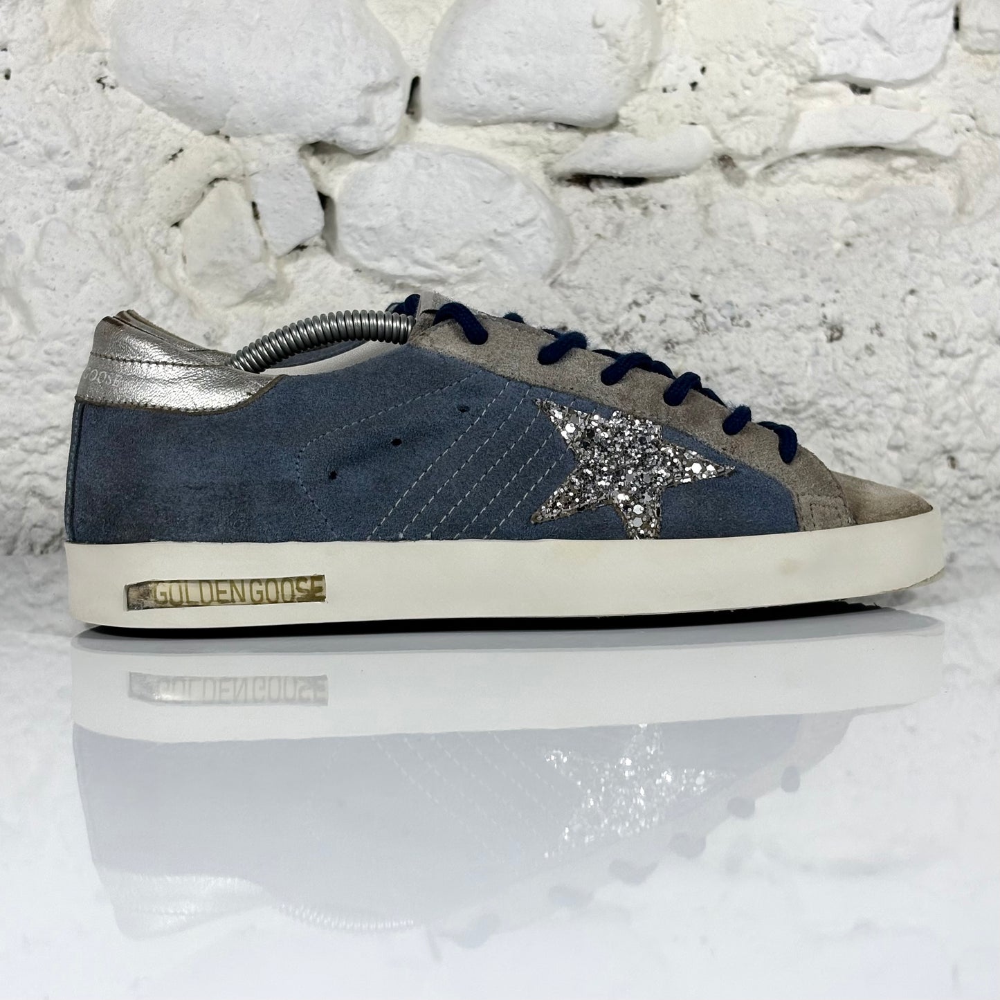 Golden goose Superstar blu in pelle scamosciata con stella argento brill. e talloncini metallizzati 38