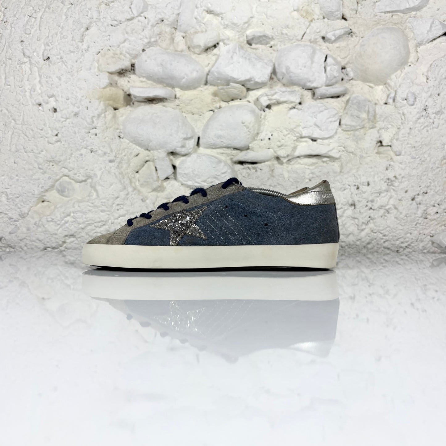 Golden goose Superstar blu in pelle scamosciata con stella argento brill. e talloncini metallizzati 38