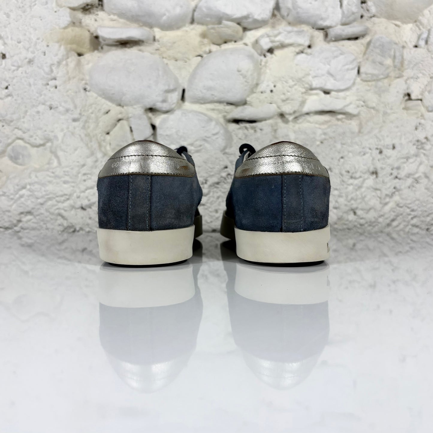 Golden goose Superstar blu in pelle scamosciata con stella argento brill. e talloncini metallizzati 38