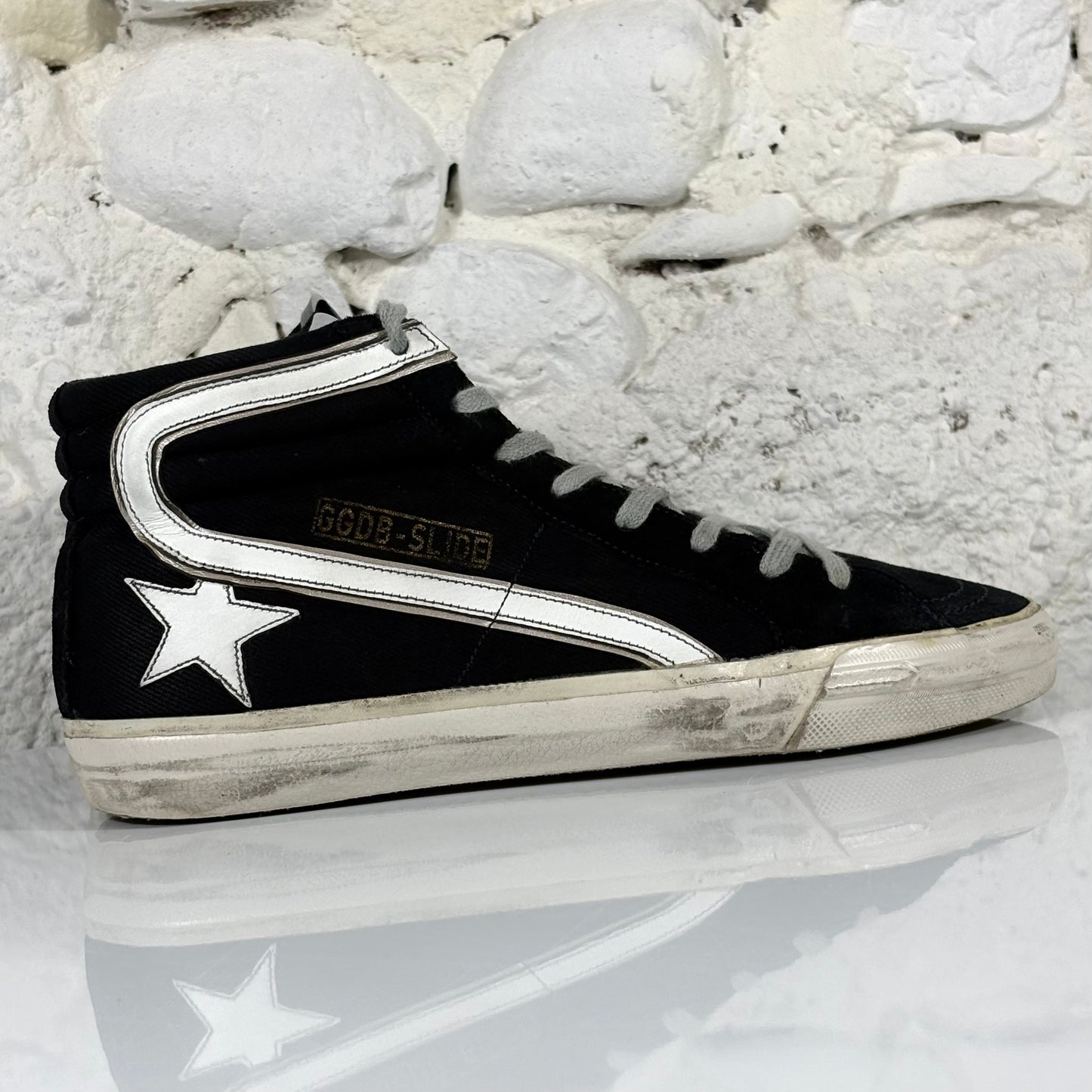 Golden goose Slide in tela nera con stella  e striscia bianca 39