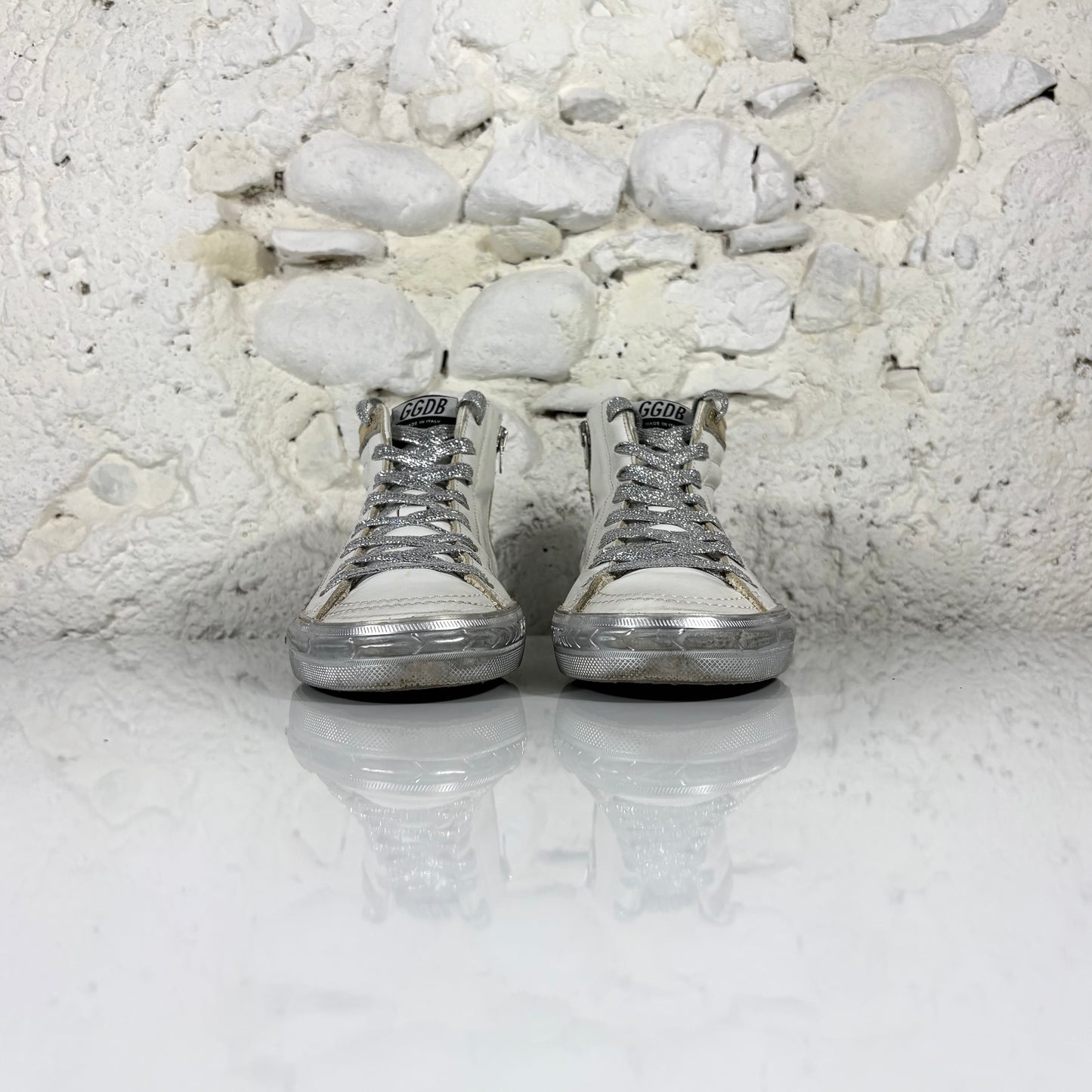 Golden goose Slide bianche con fascia argento, stella e striscia oro 39
