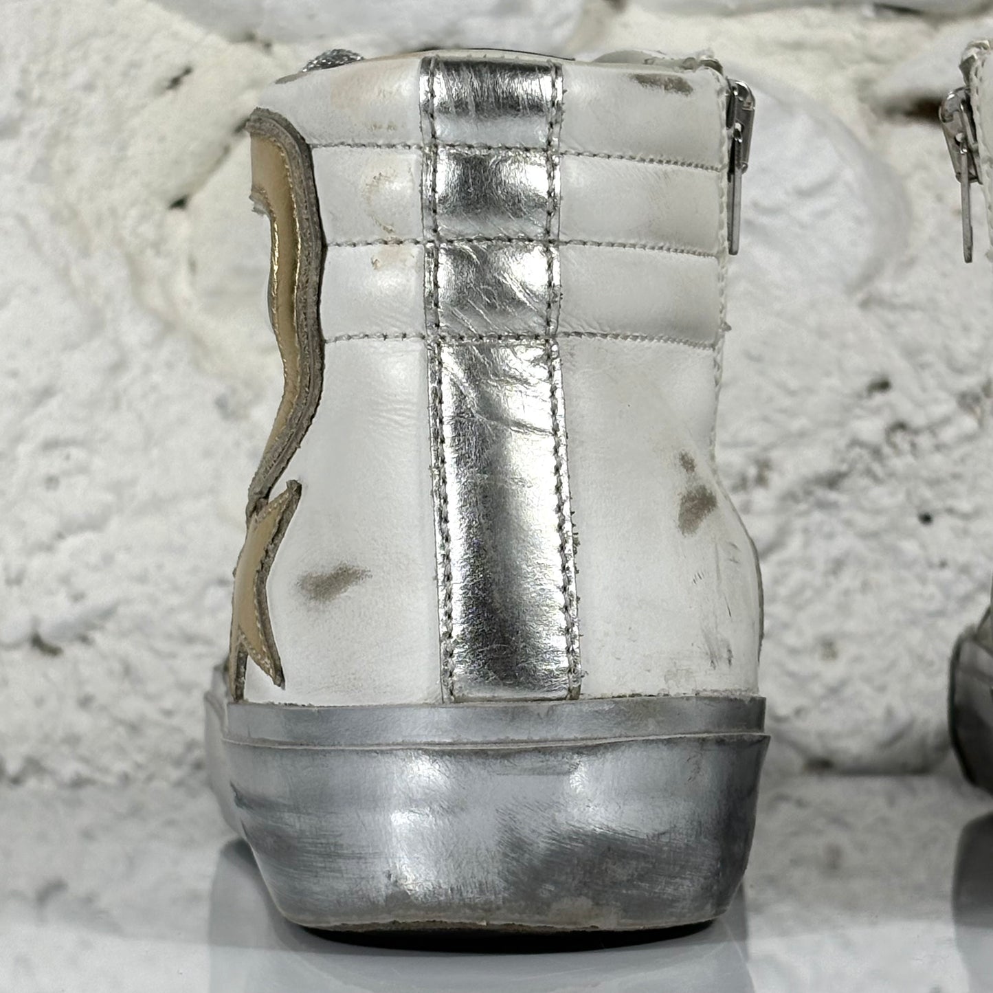 Golden goose Slide bianche con fascia argento, stella e striscia oro 39