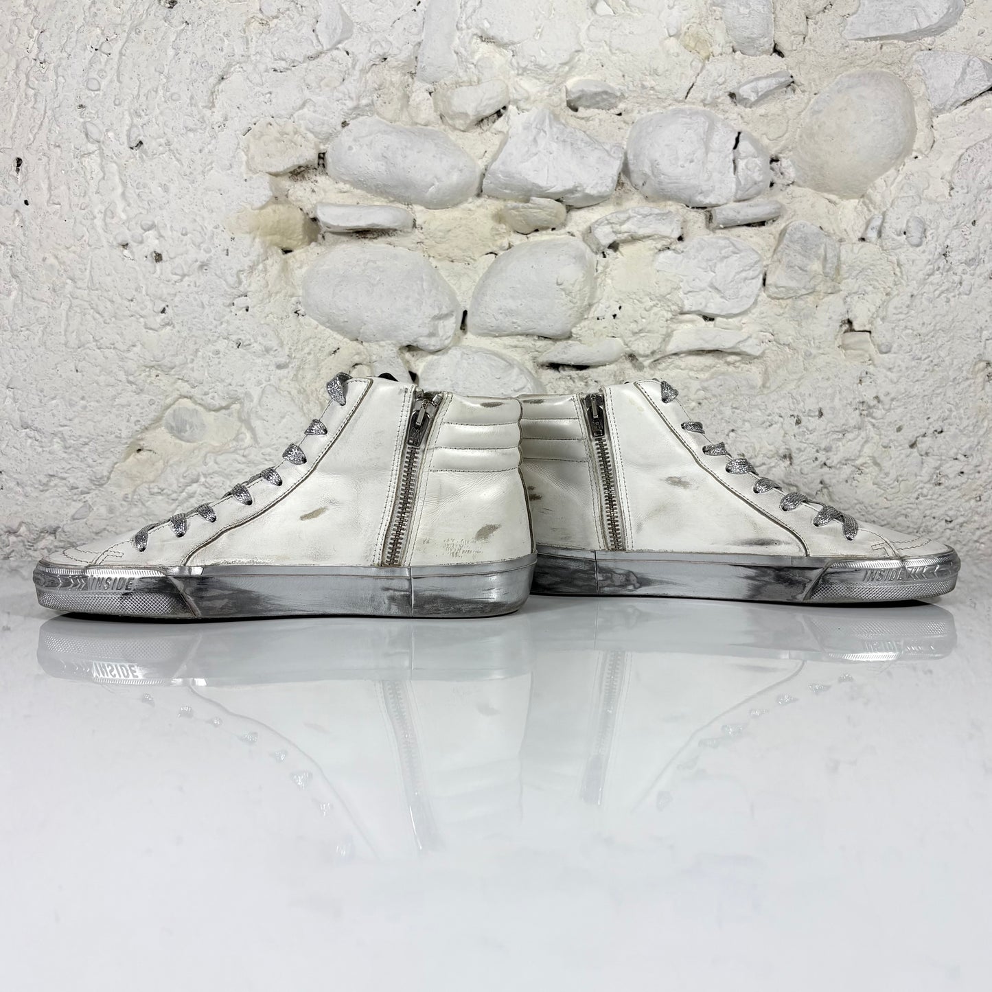 Golden goose Slide bianche con fascia argento, stella e striscia oro 39