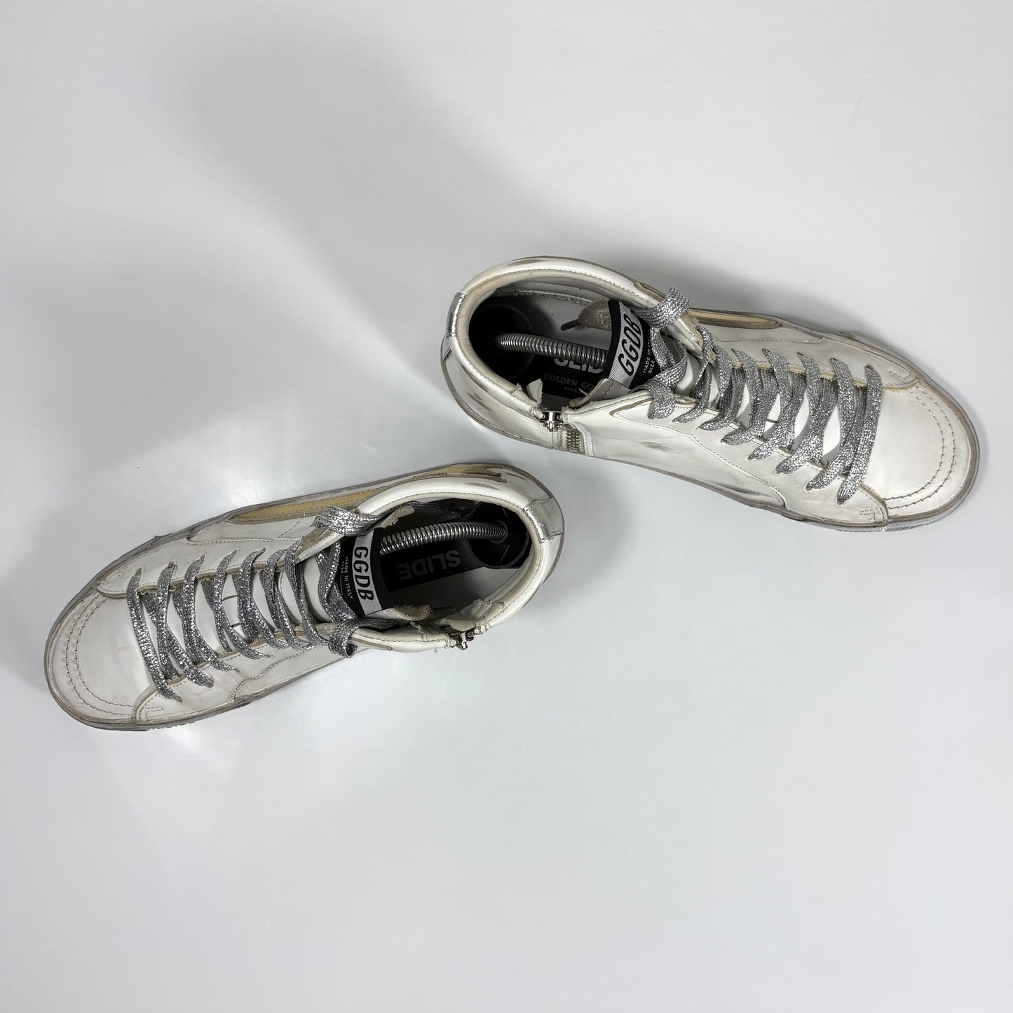 Golden goose Slide bianche con fascia argento, stella e striscia oro 39