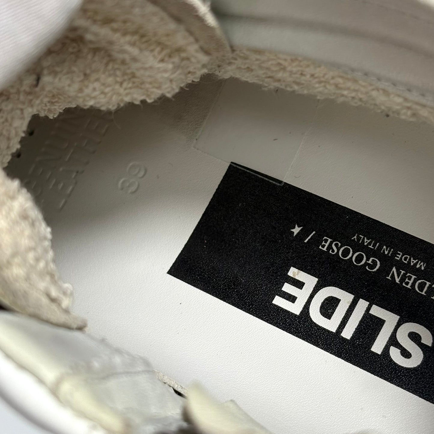 Golden goose Slide bianche con fascia argento, stella e striscia oro 39