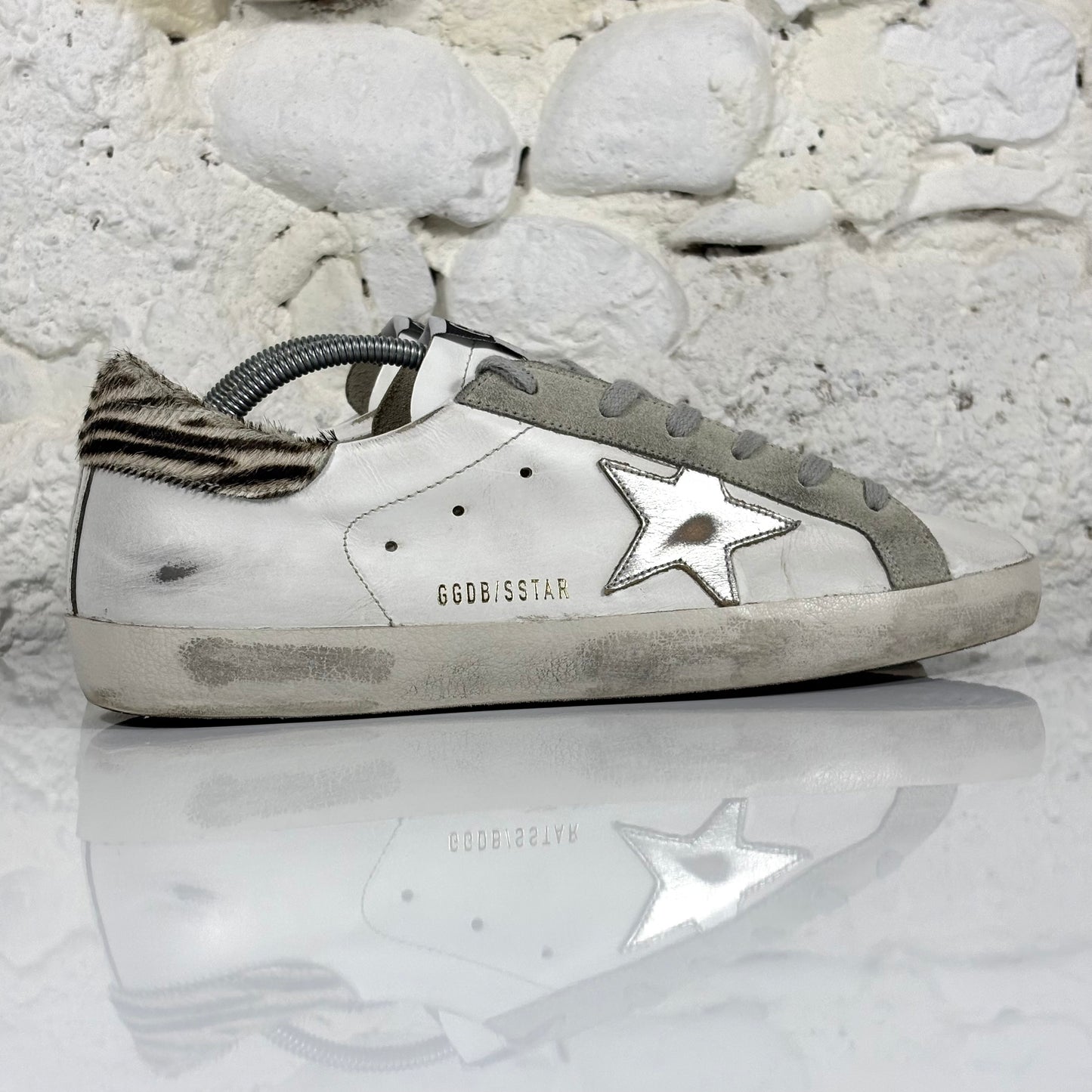 Golden goose Superstar bianche con stella argento e talloncini zebrati 41