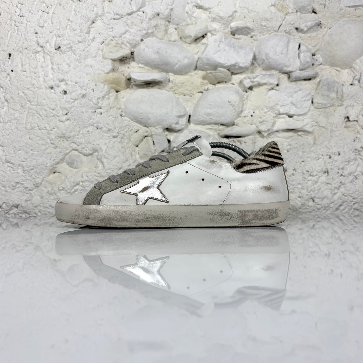 Golden goose Superstar bianche con stella argento e talloncini zebrati 41
