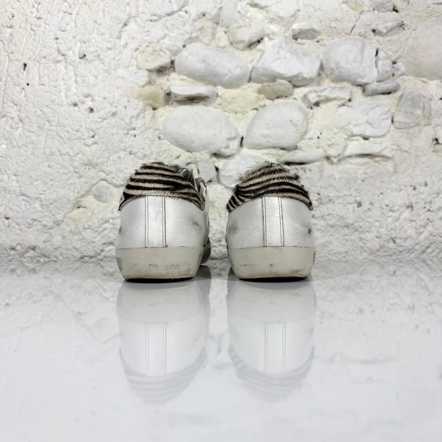 Golden goose Superstar bianche con stella argento e talloncini zebrati 41