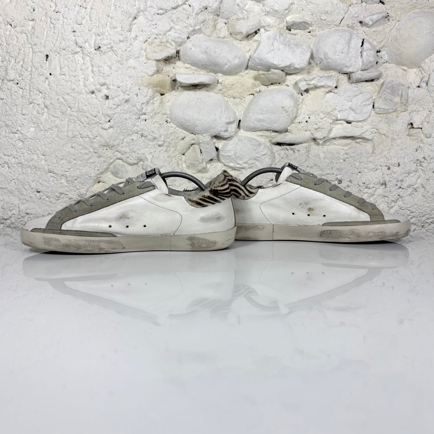 Golden goose Superstar bianche con stella argento e talloncini zebrati 41