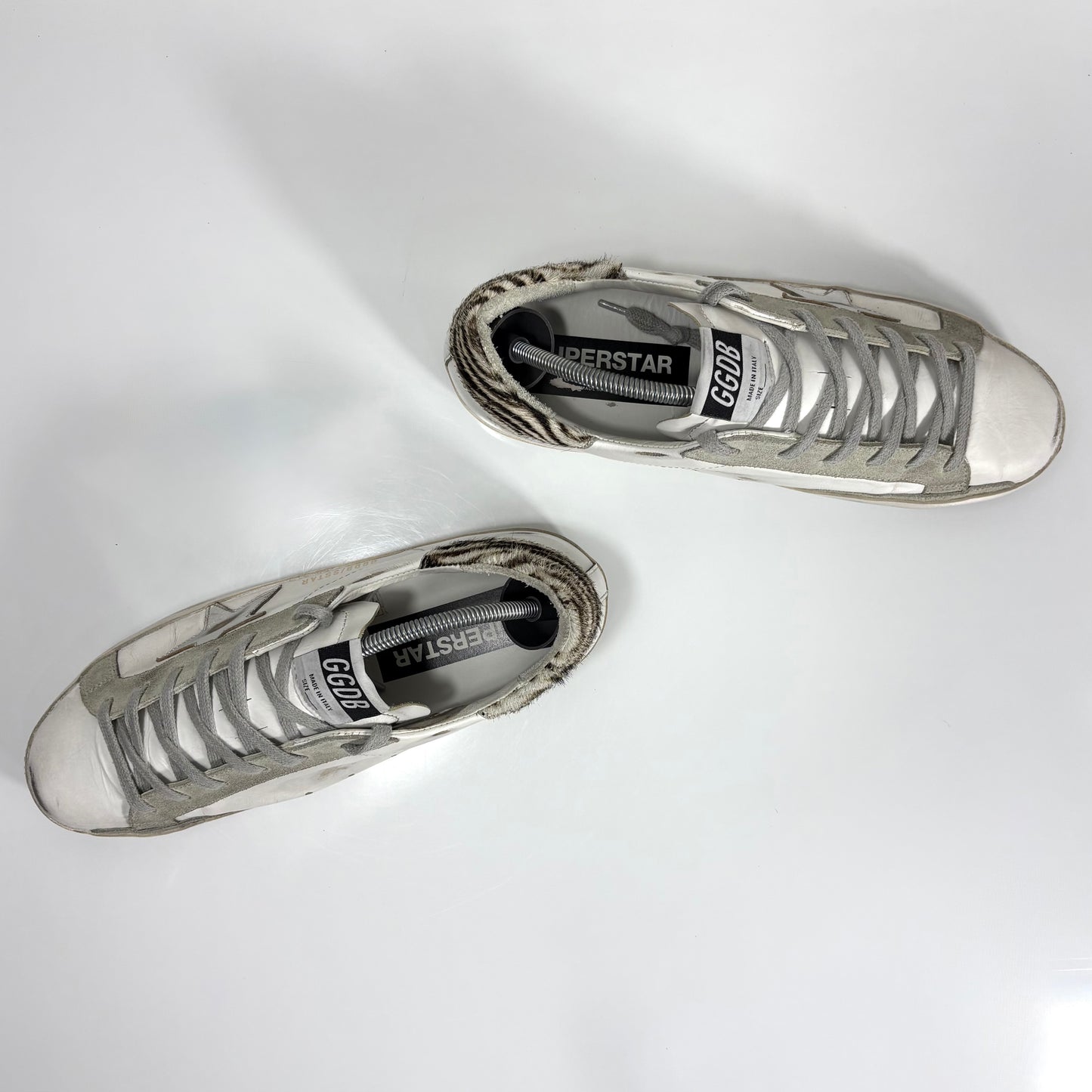 Golden goose Superstar bianche con stella argento e talloncini zebrati 41
