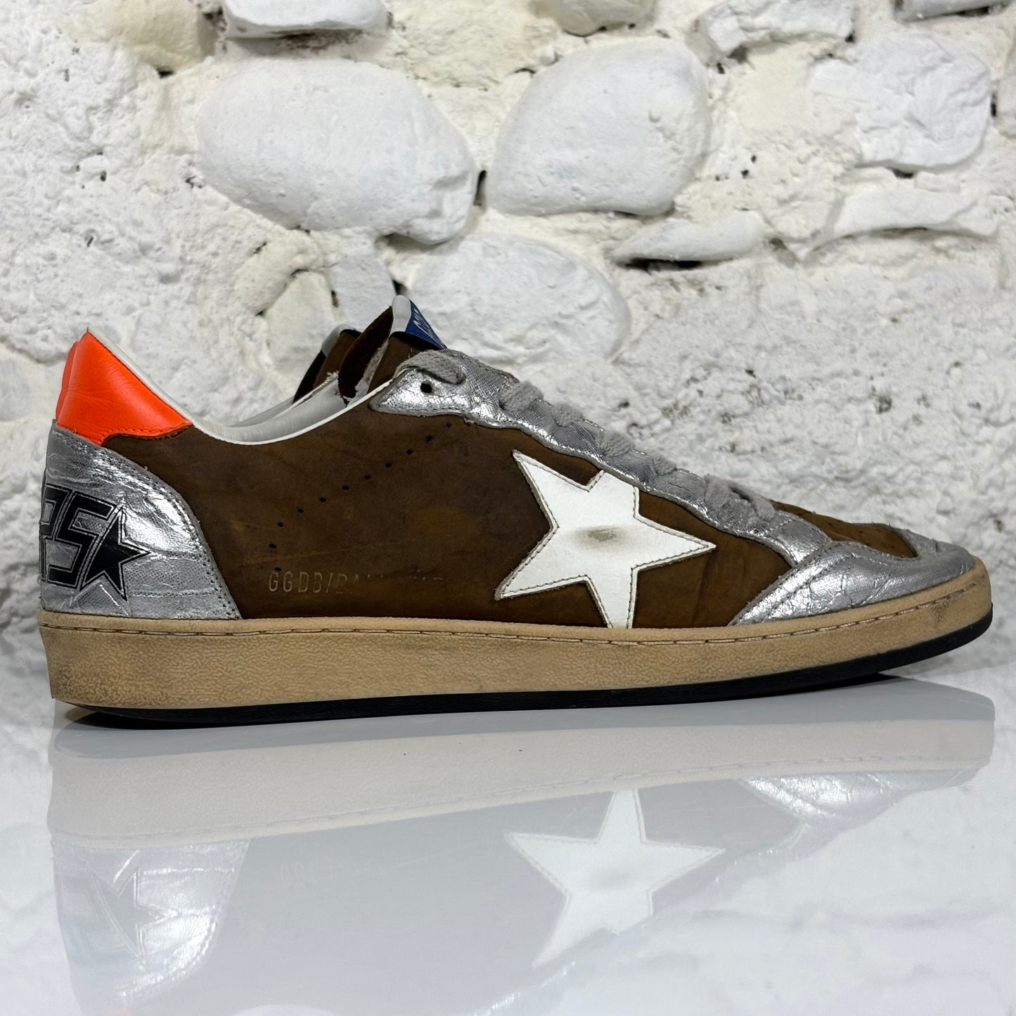 Golden goose Ballstar marroni e argento con stella bianca e talloncini arancio 43