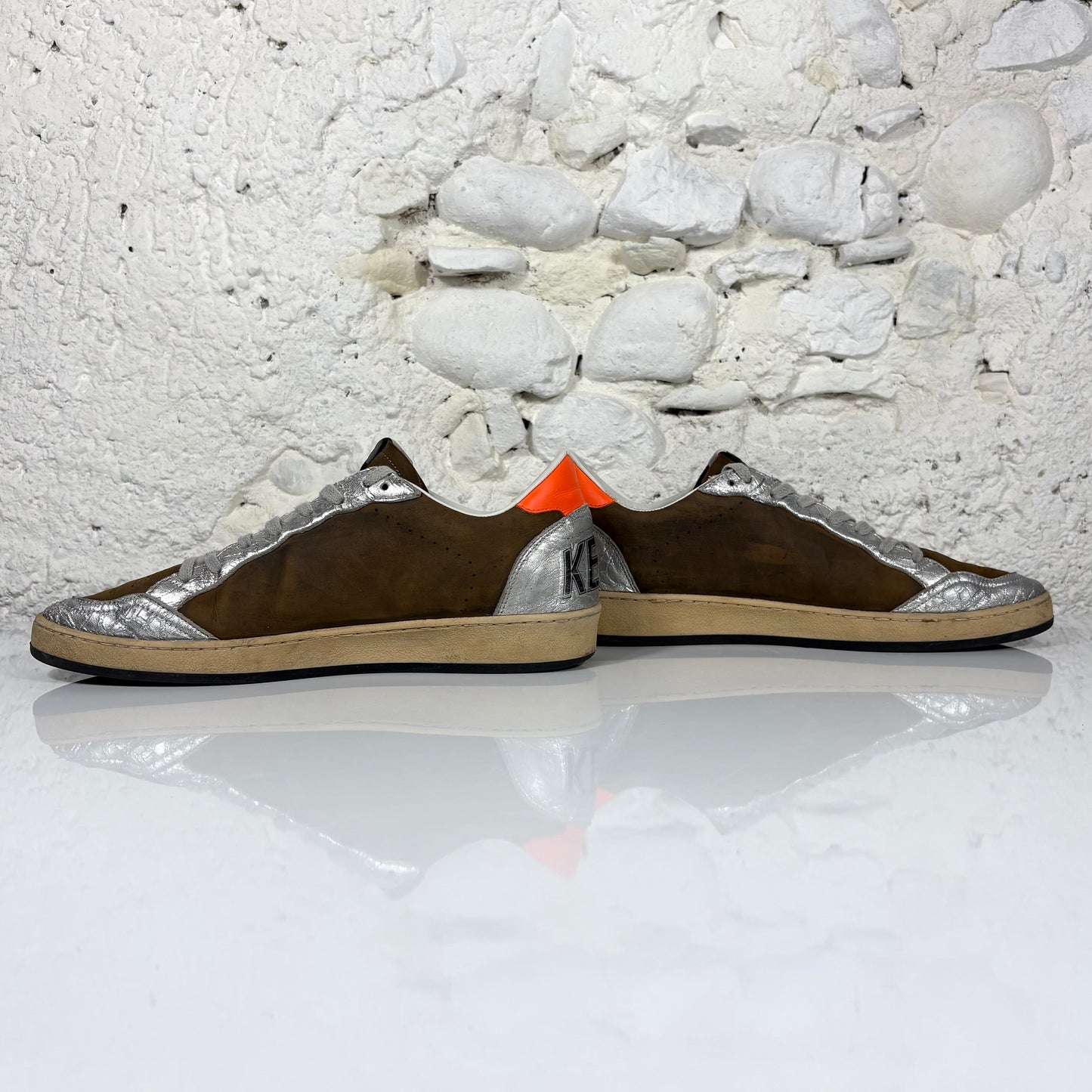 Golden goose Ballstar marroni e argento con stella bianca e talloncini arancio 43