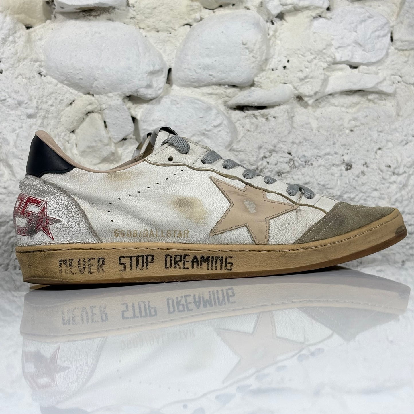 Golden goose Ballstar bianche "Never stop dreaming" con stella tortora e talloncini neri 42
