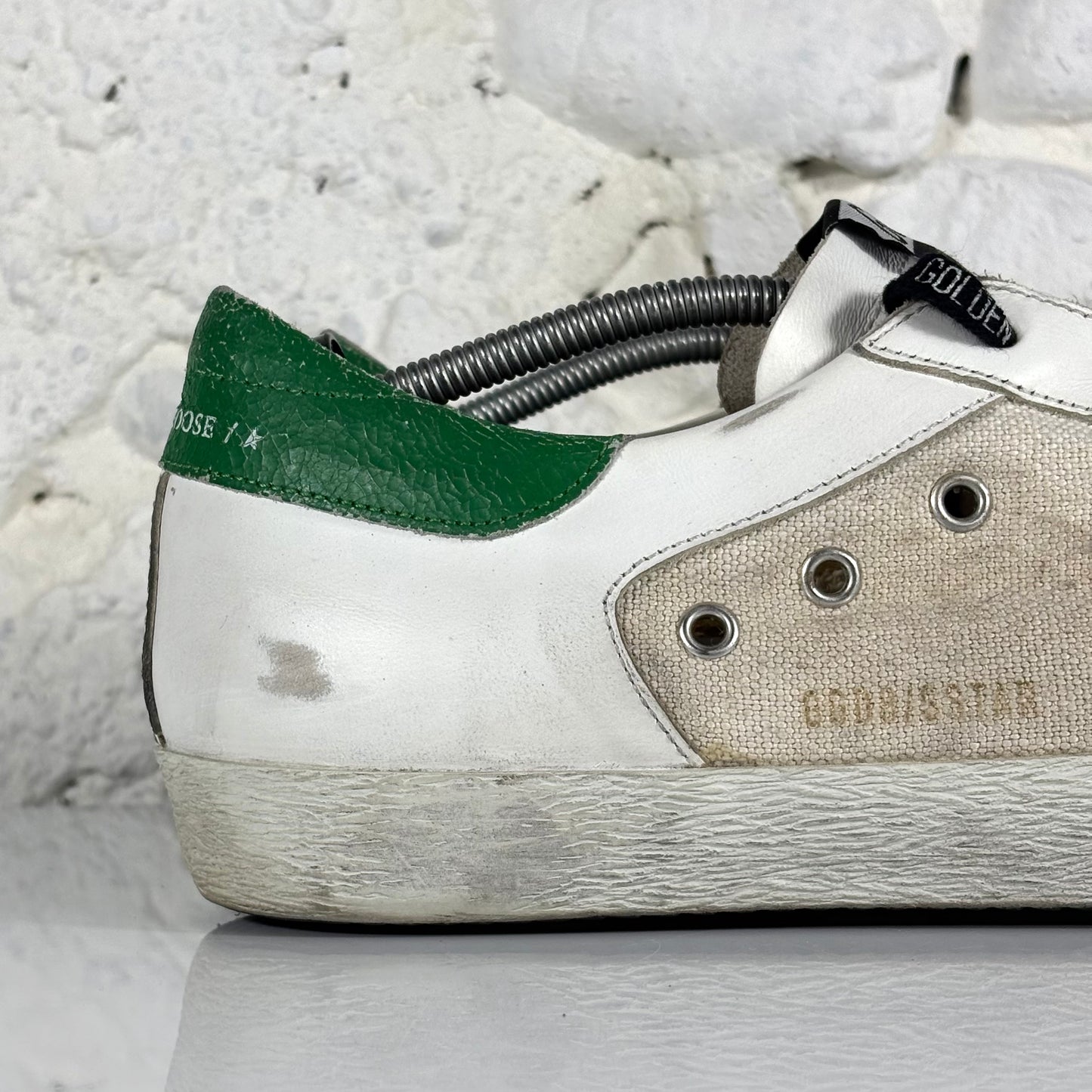 Golden goose Superstar bianche con talloncini verdi e stella beige 46
