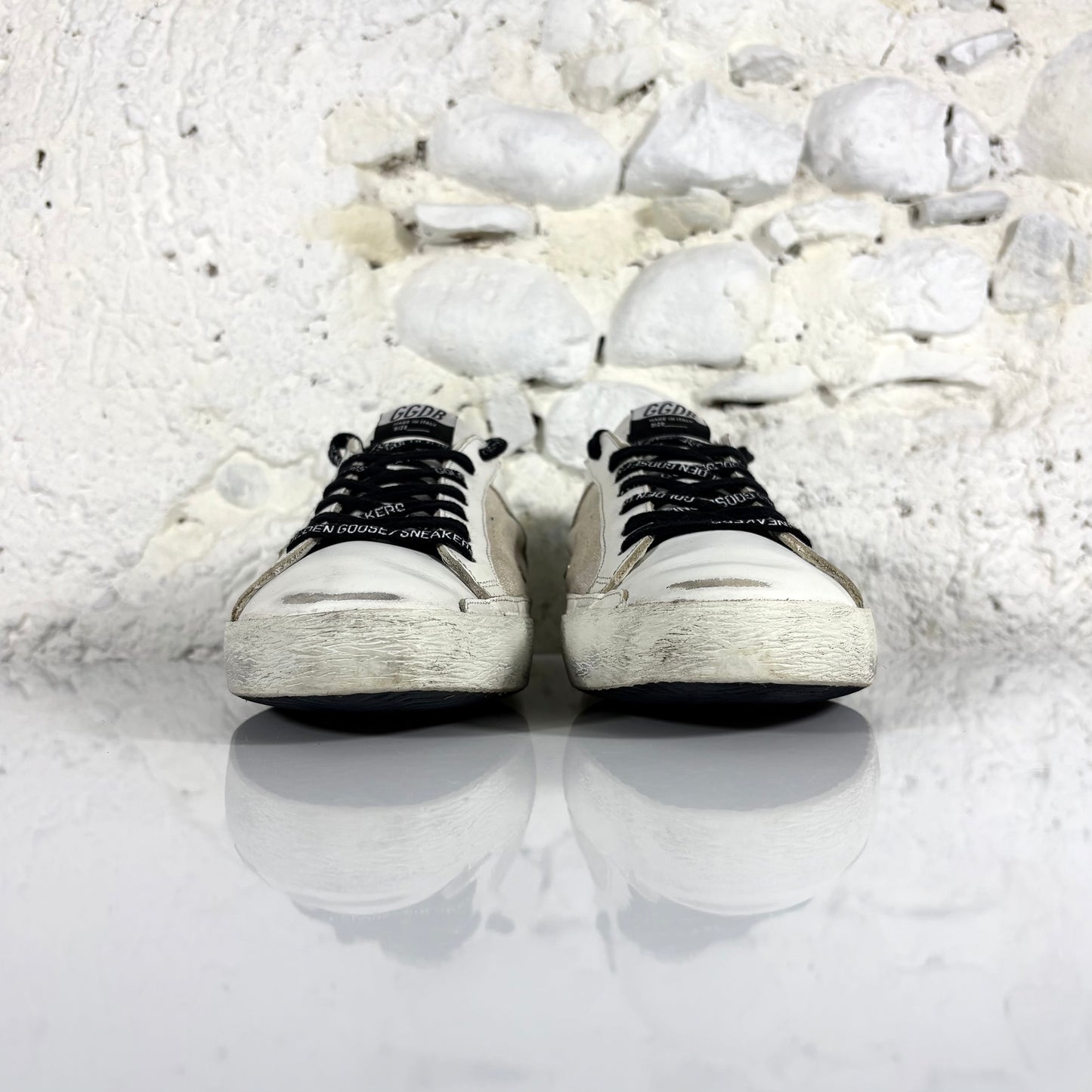 Golden goose Superstar bianche con talloncini verdi e stella beige 46
