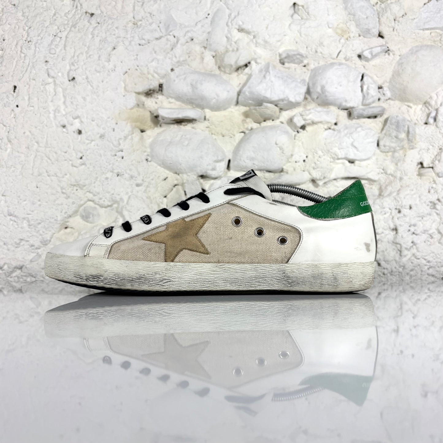 Golden goose Superstar bianche con talloncini verdi e stella beige 46