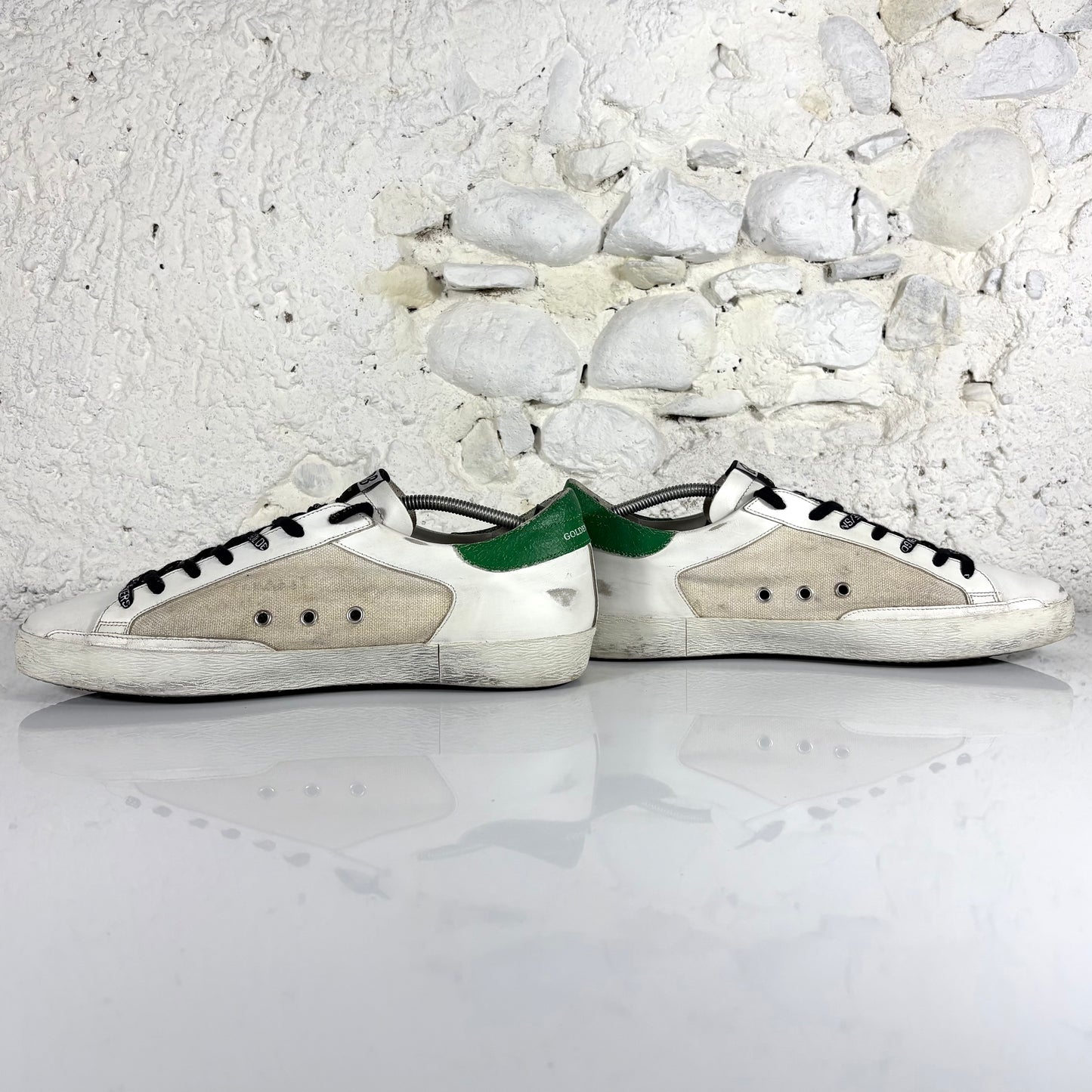 Golden goose Superstar bianche con talloncini verdi e stella beige 46