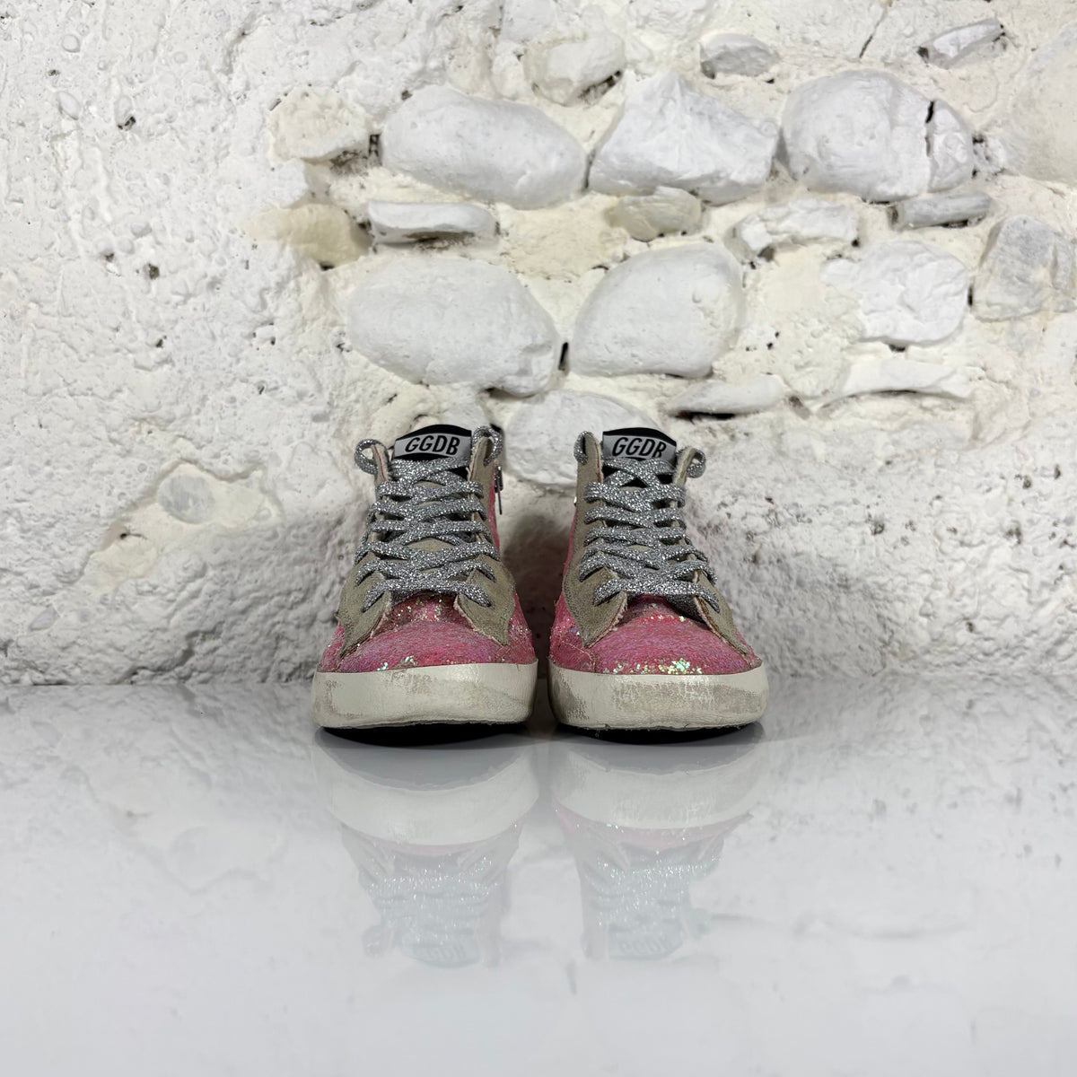 Golden goose Francy rosa a paillettes con stella grigia e inserti oro 35