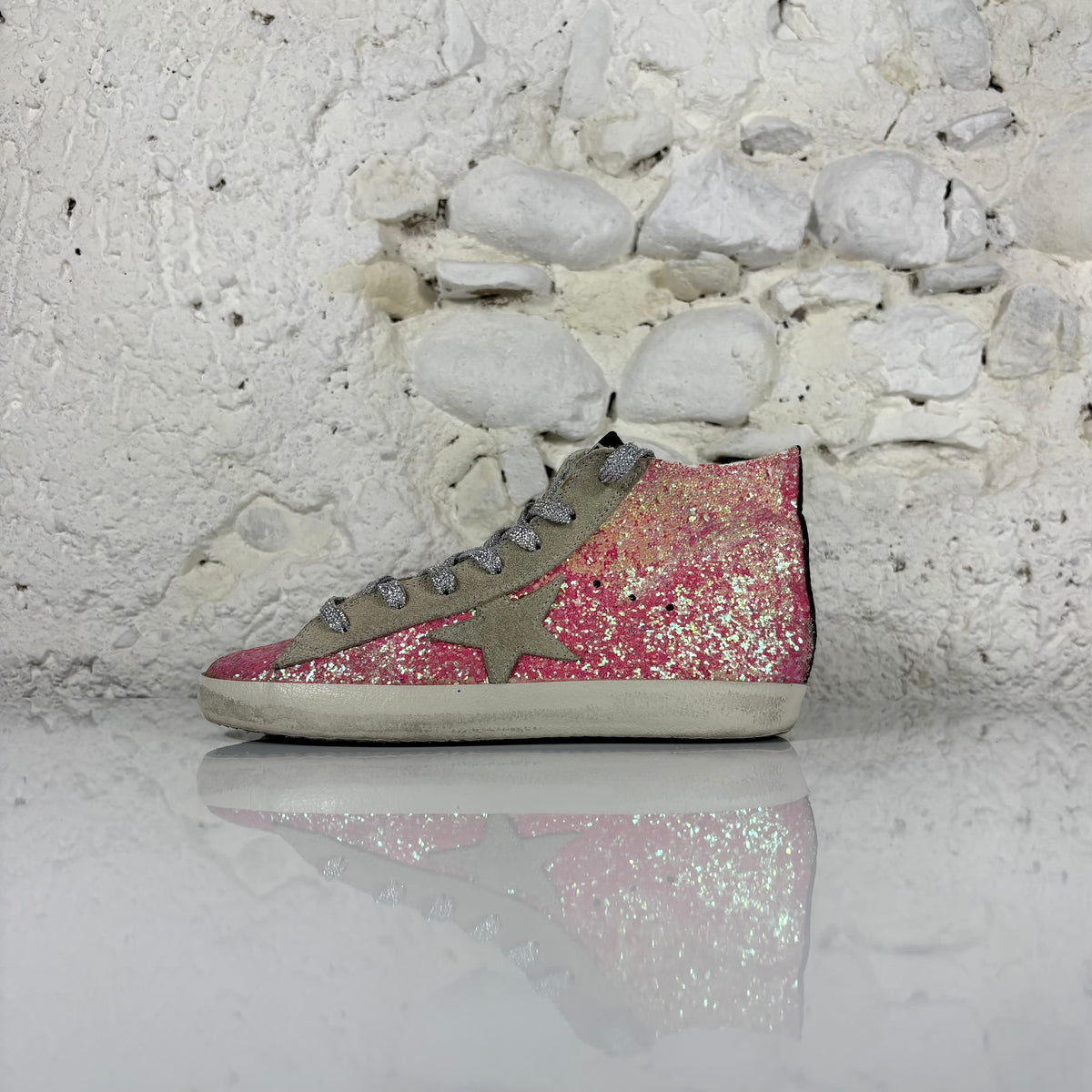 Golden goose Francy rosa a paillettes con stella grigia e inserti oro 35