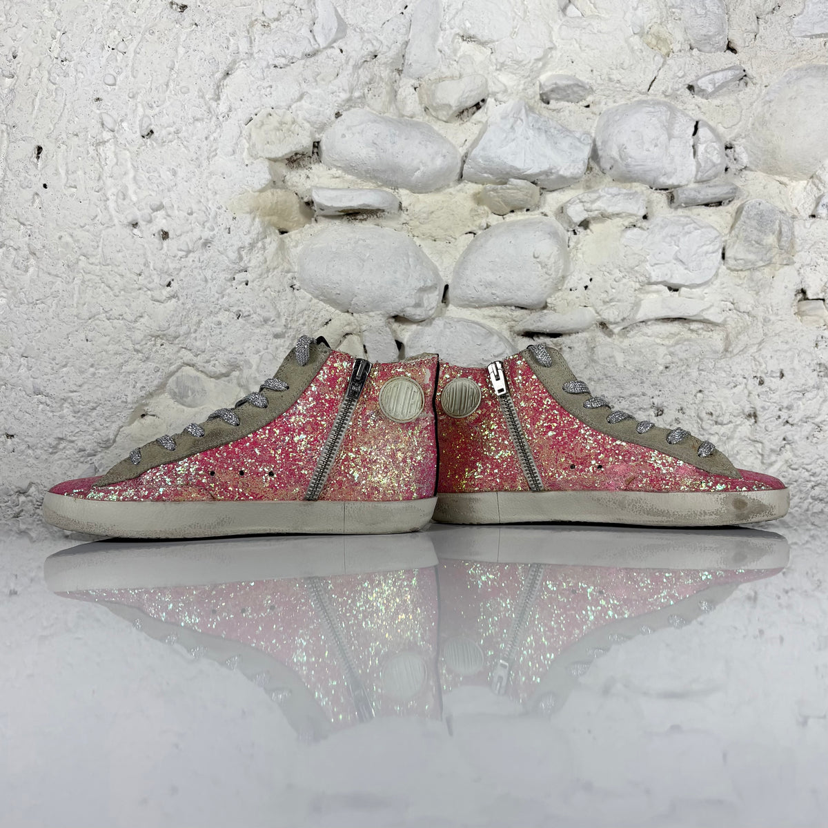 Golden goose Francy rosa a paillettes con stella grigia e inserti oro 35
