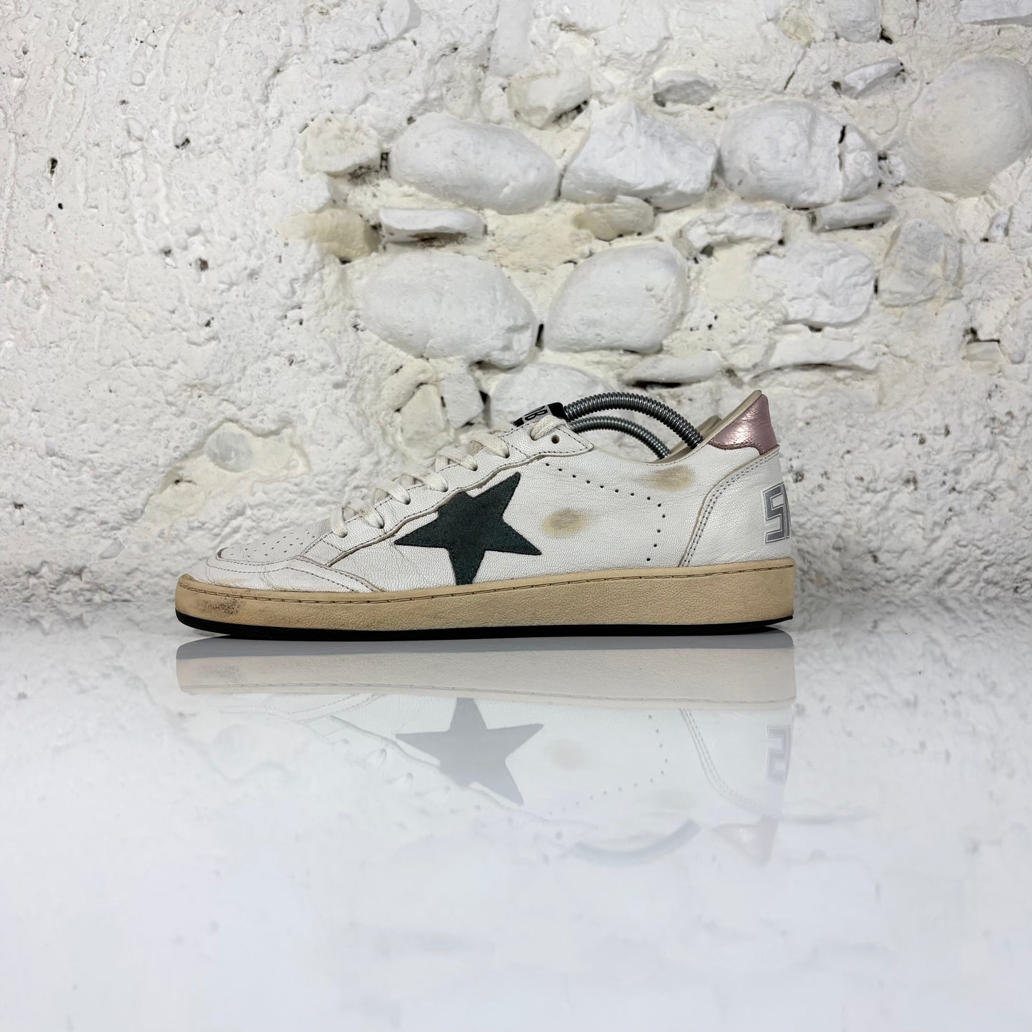 Golden goose Ballstar bianche con stella verde scuro e talloncini oro rosa 40