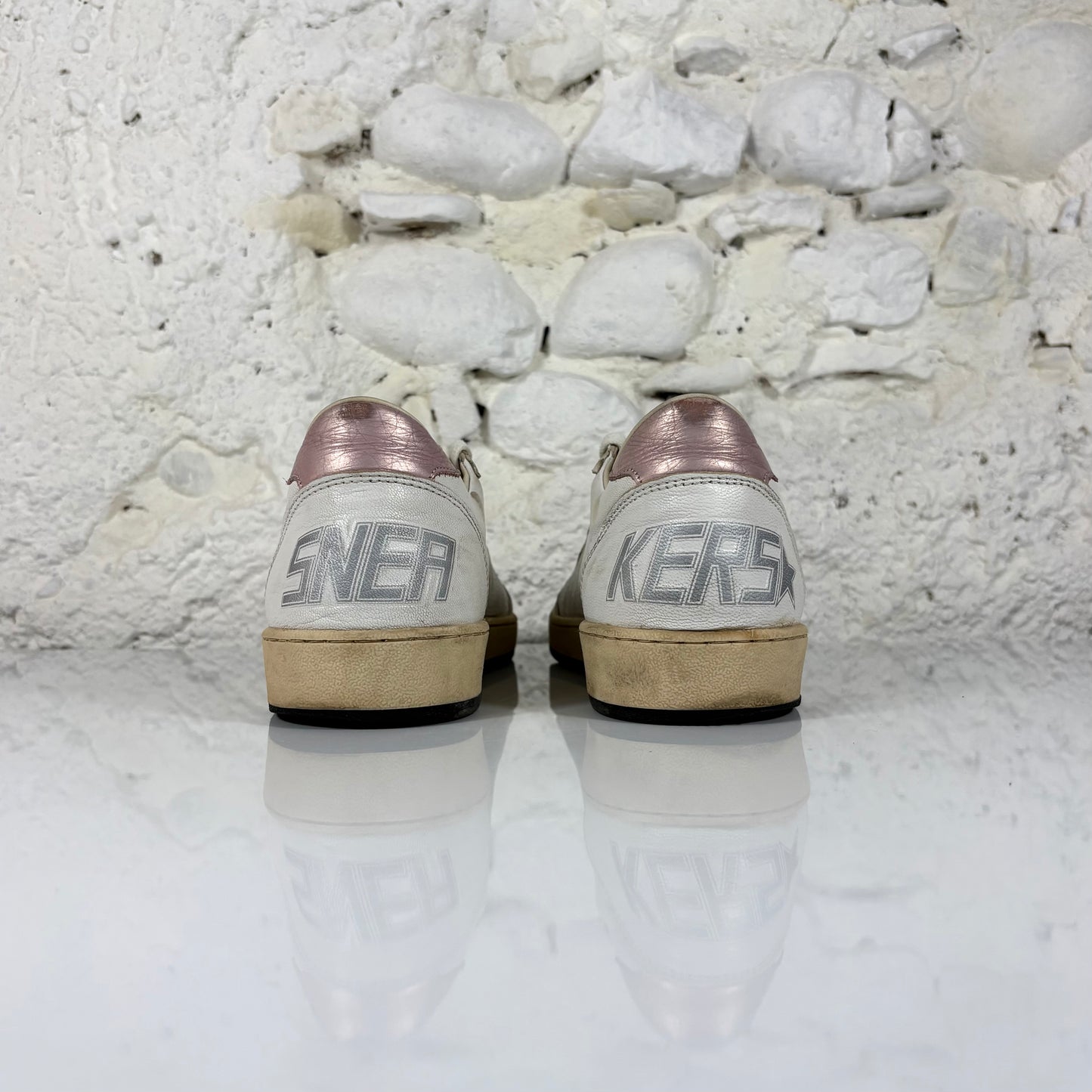 Golden goose Ballstar bianche con stella verde scuro e talloncini oro rosa 40