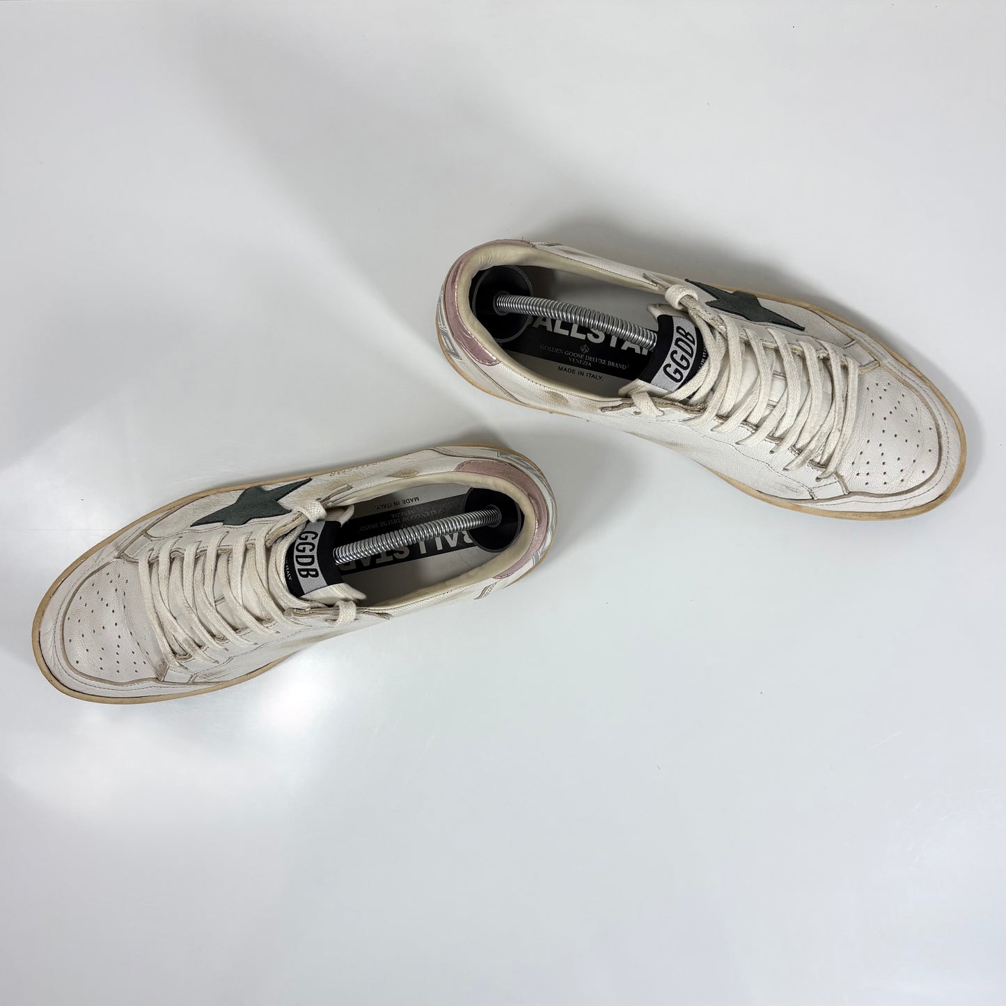 Golden goose Ballstar bianche con stella verde scuro e talloncini oro rosa 40