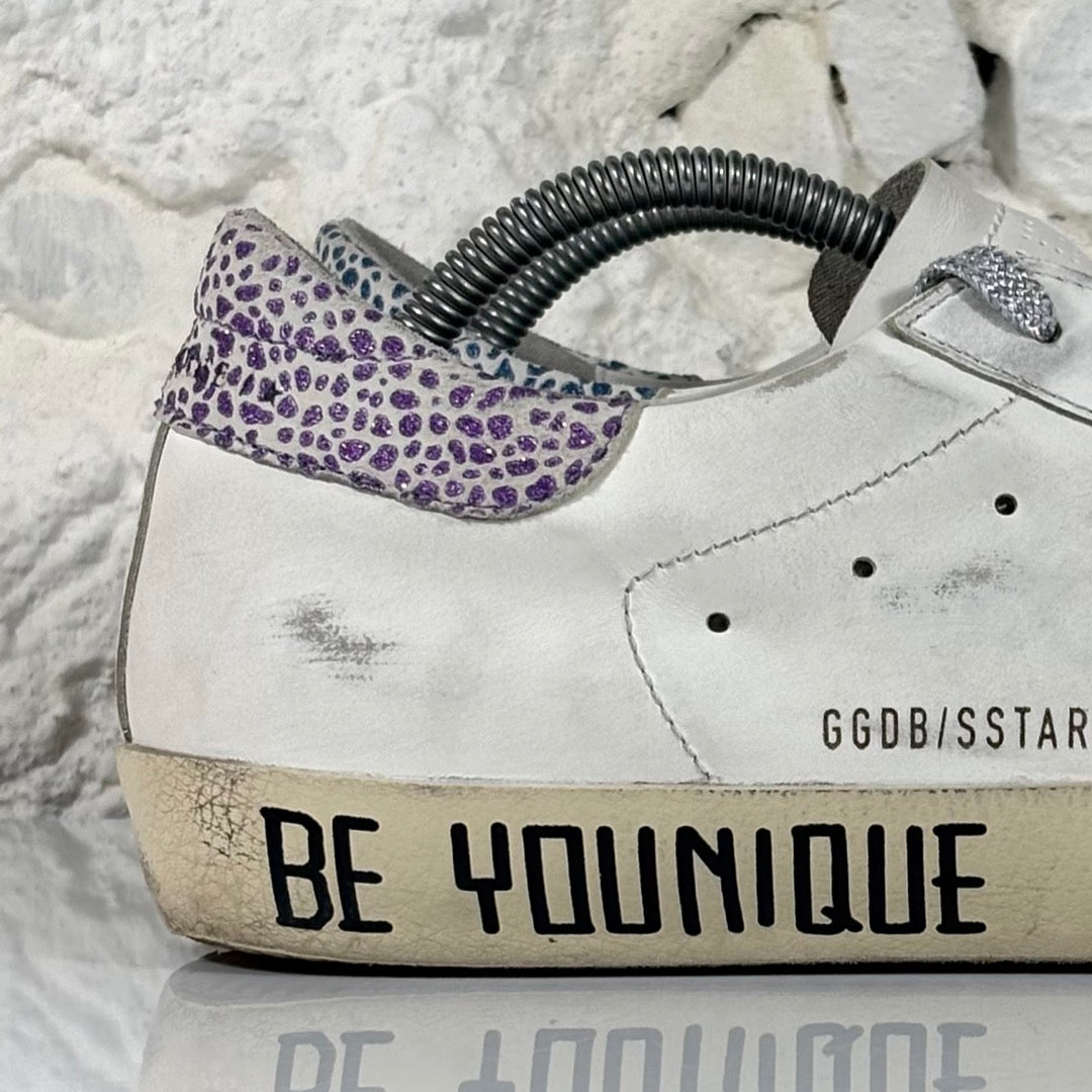 Golden goose Superstar bianche con stella argento e talloncini bianchi con macchie viola 41