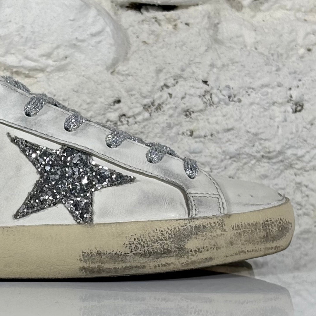 Golden goose Superstar bianche con stella argento e talloncini bianchi con macchie viola 41