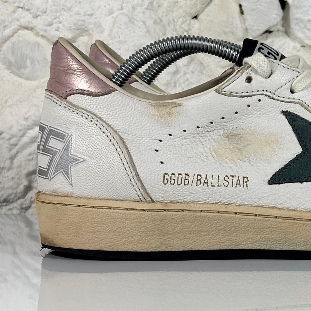 Golden goose Ballstar bianche con stella verde scuro e talloncini oro rosa 40