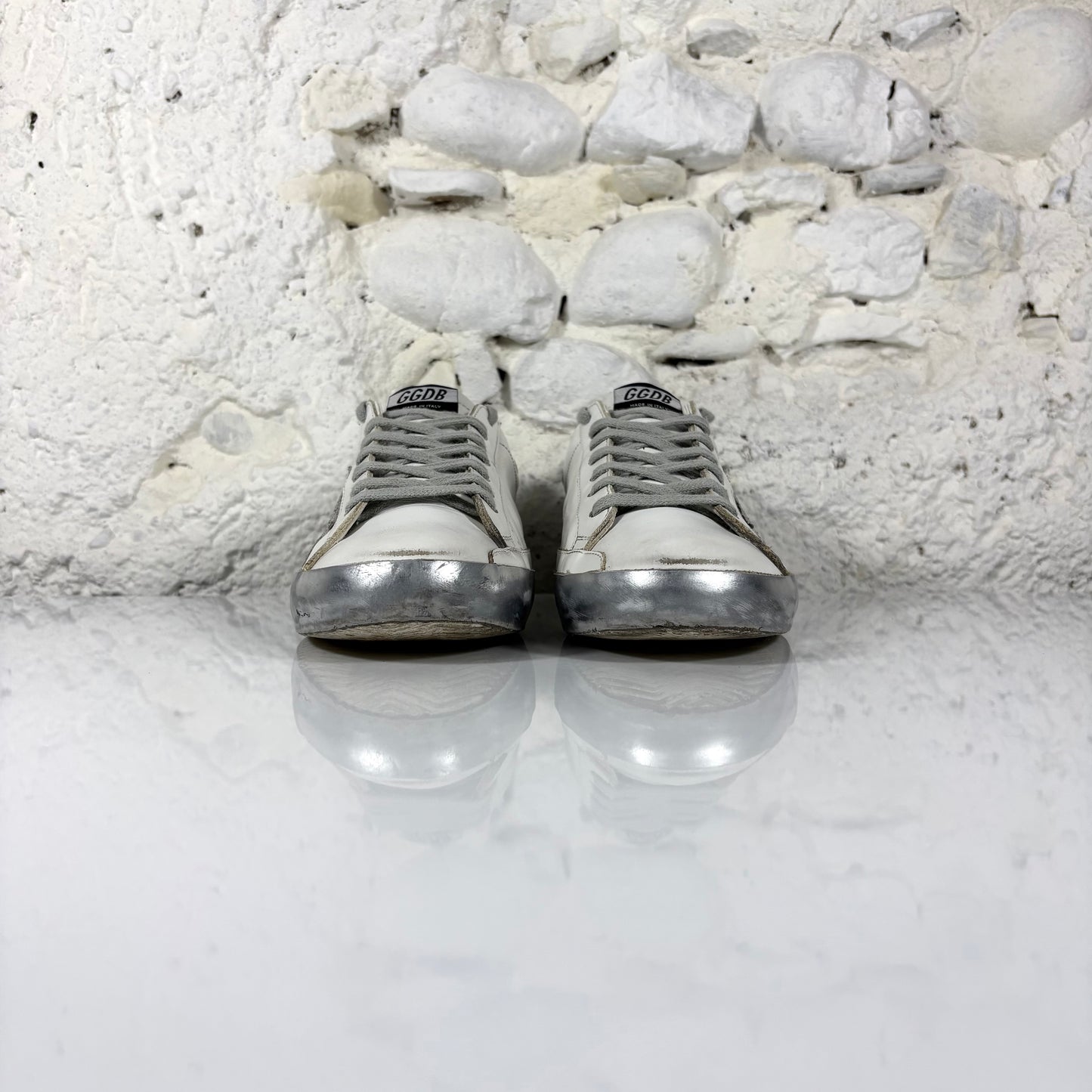 Golden goose Superstar bianche con stella, talloncini e fascia-suole argento 42