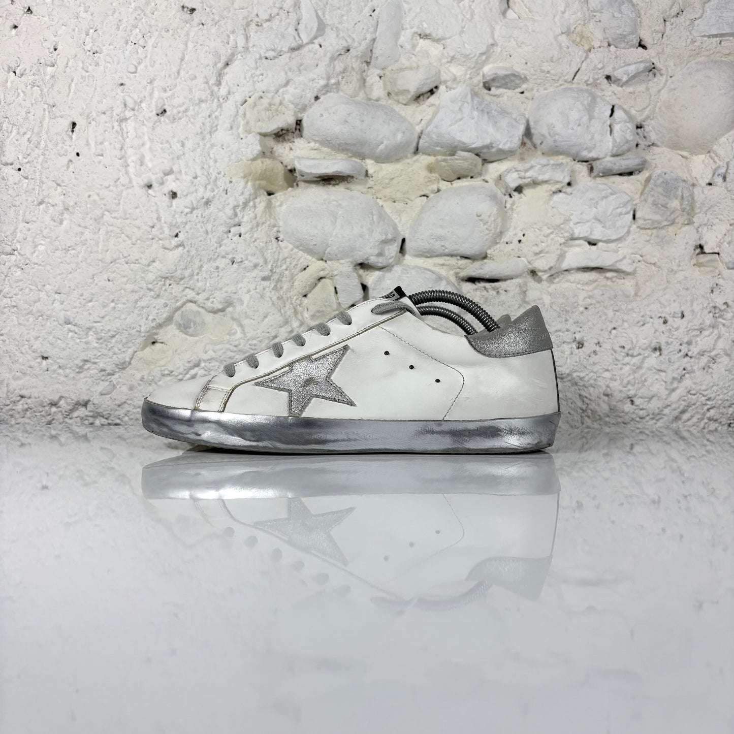 Golden goose Superstar bianche con stella, talloncini e fascia-suole argento 42