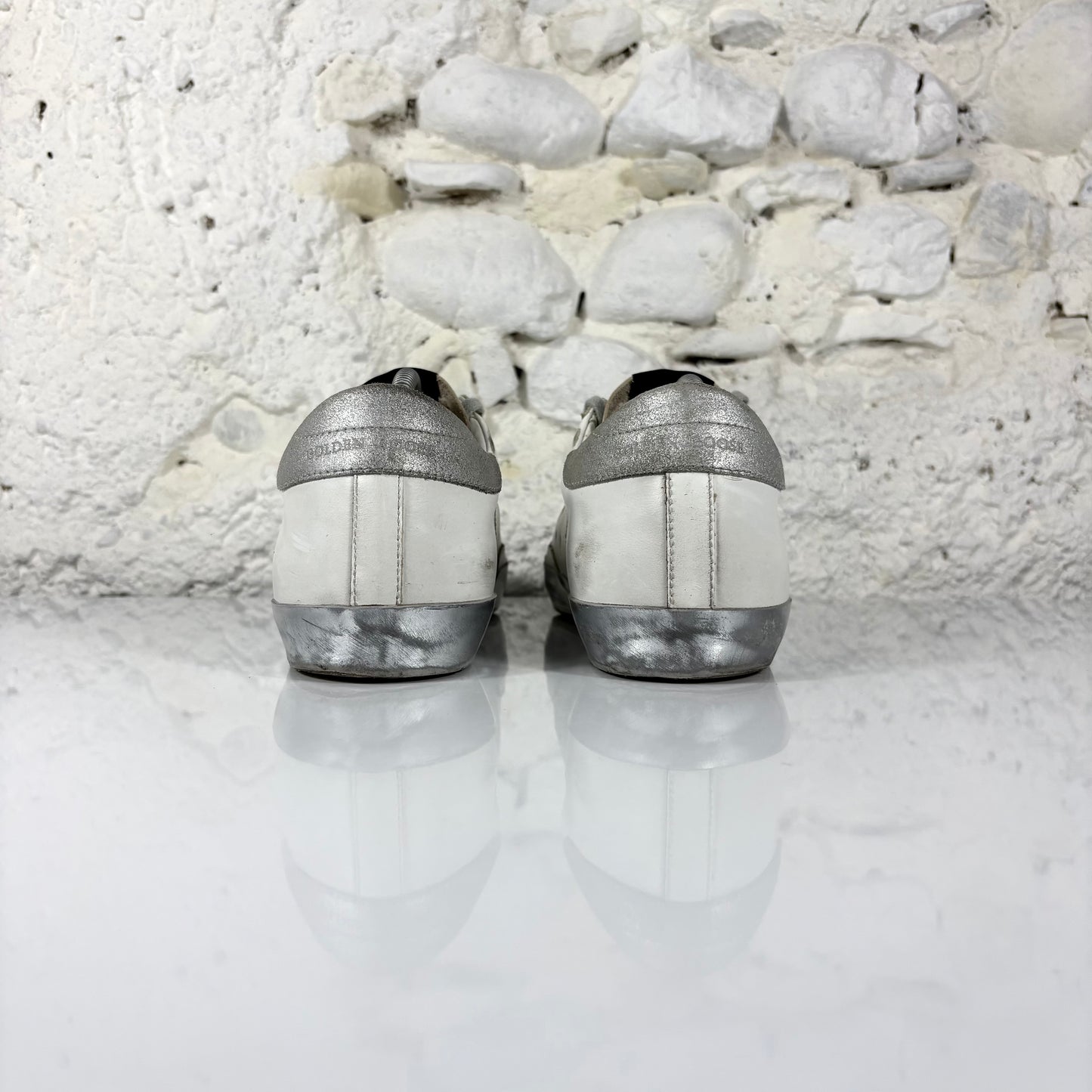 Golden goose Superstar bianche con stella, talloncini e fascia-suole argento 42