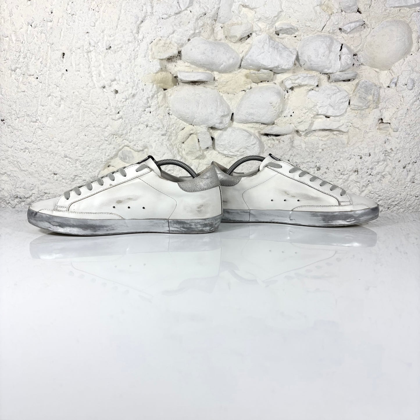 Golden goose Superstar bianche con stella, talloncini e fascia-suole argento 42
