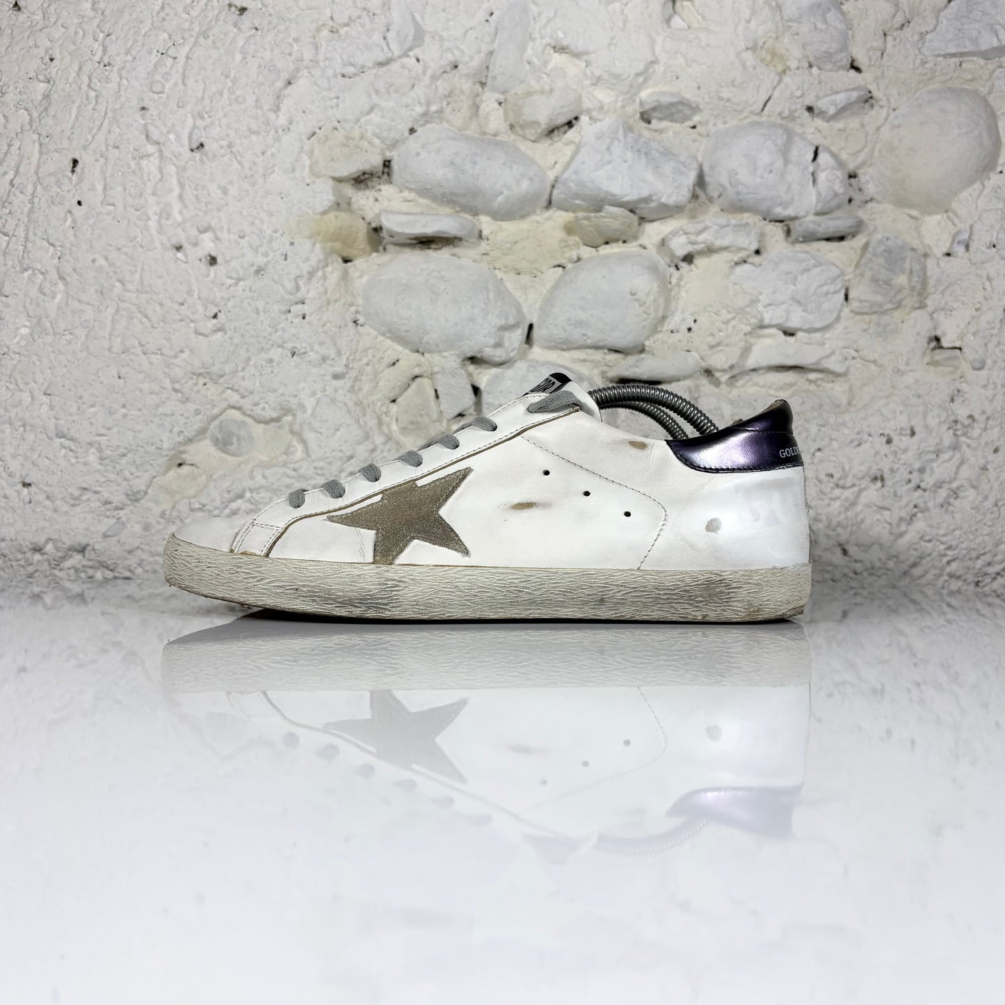 Golden goose Superstar bianche con stella grigia e talloncini "melanzana" 45