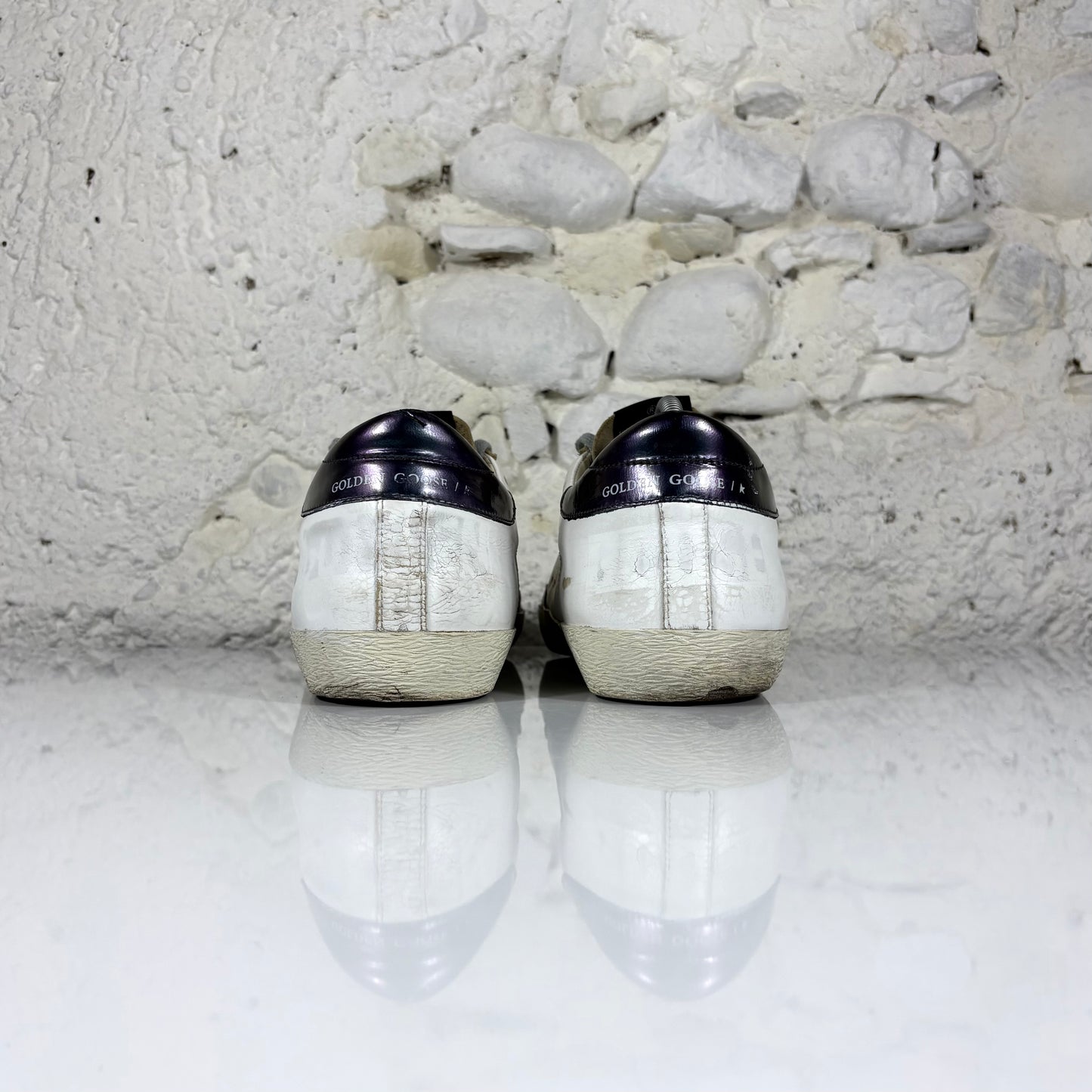 Golden goose Superstar bianche con stella grigia e talloncini "melanzana" 45