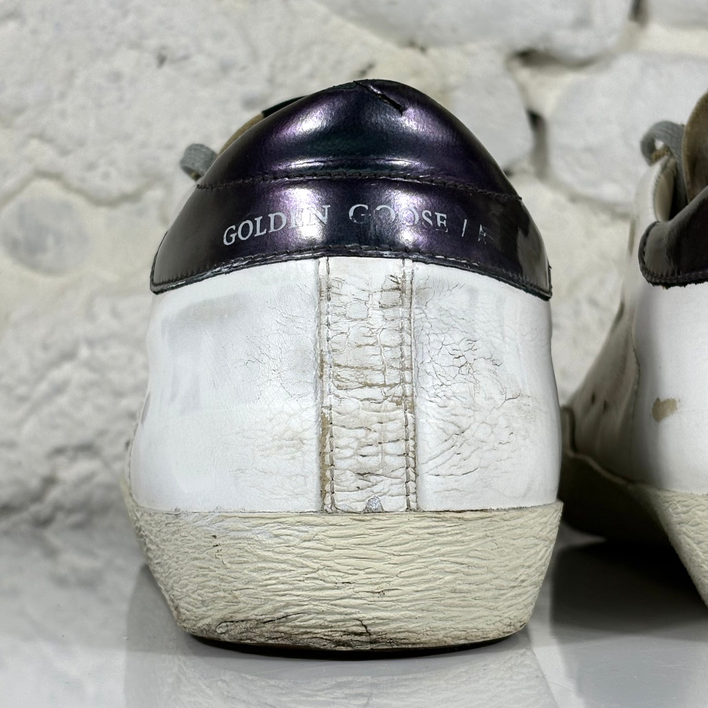 Golden goose Superstar bianche con stella grigia e talloncini "melanzana" 45