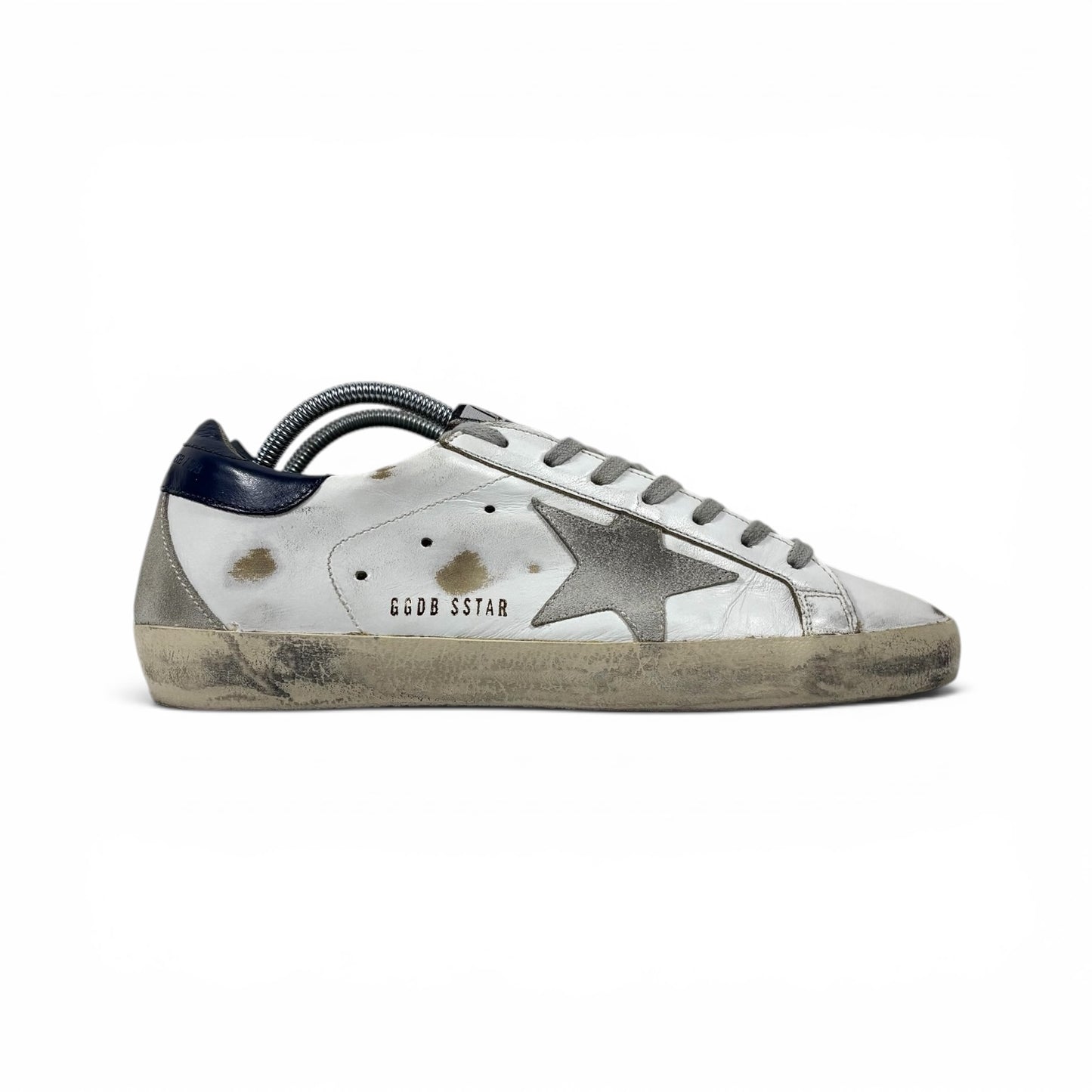 Golden goose Superstar bianche con stella grigia, talloncini blu scuro e linguetta motivo "zebrato" 39