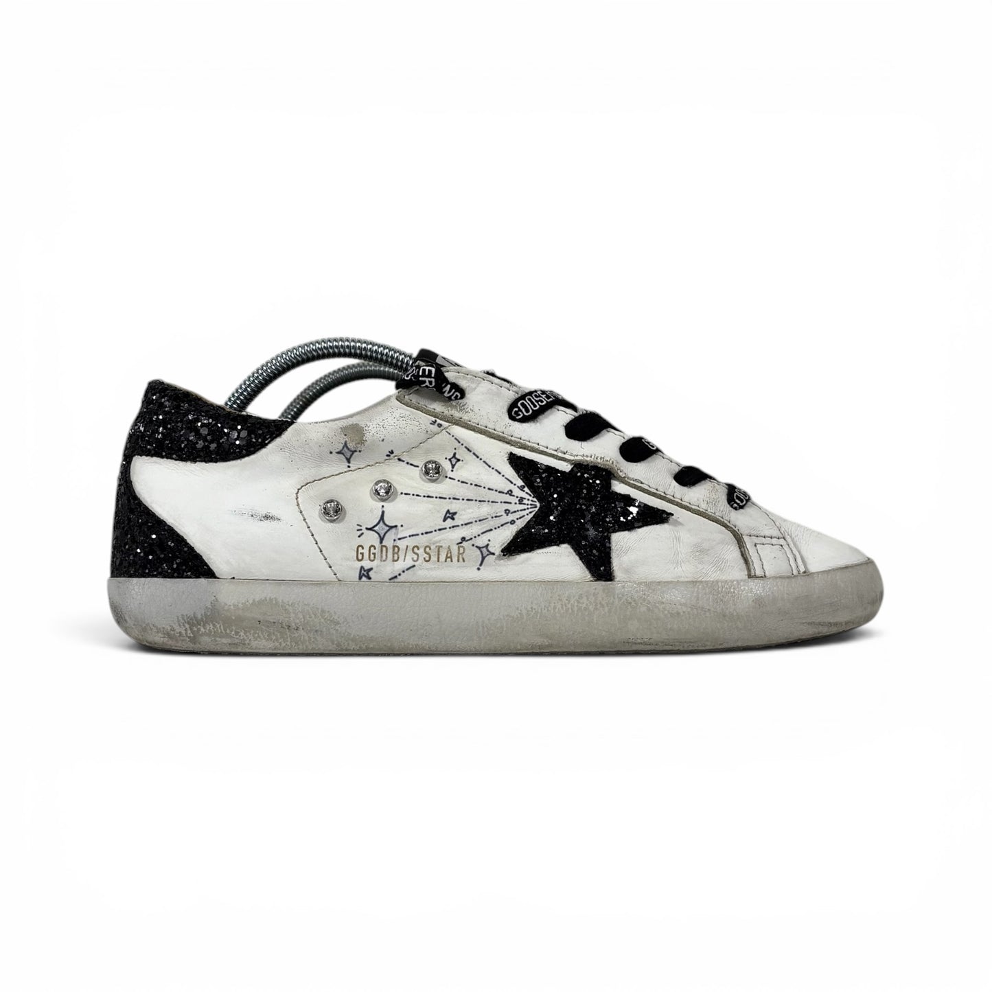 Golden goose Superstar bianche con disegni e diamantini, talloncini e stella neri brillantinati 39