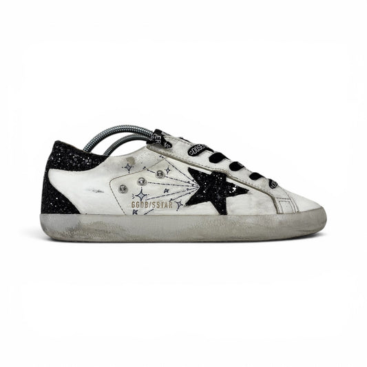 Golden goose Superstar bianche con disegni e diamantini, talloncini e stella neri brillantinati 39