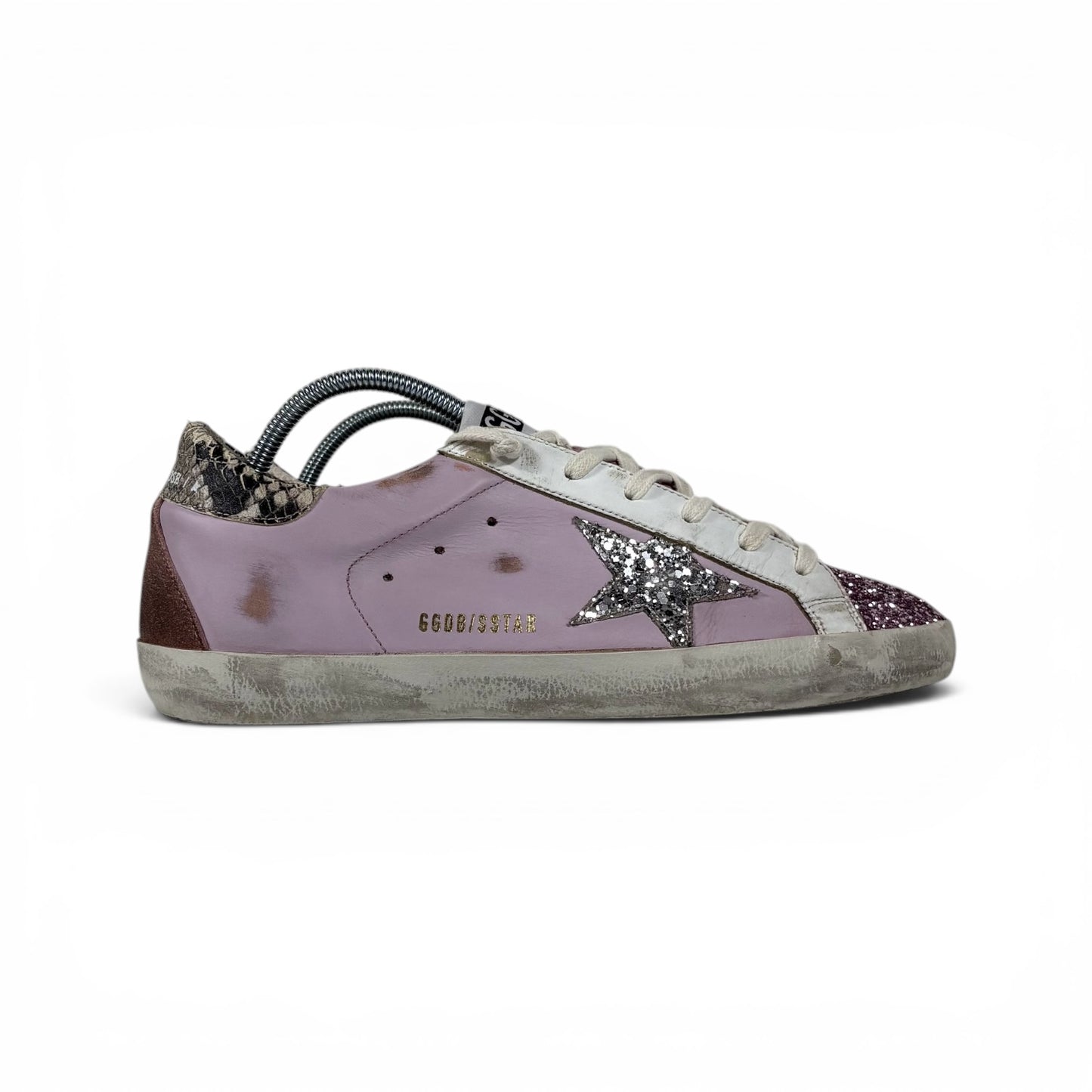 Golden goose lilla con stella e punta brillantinati argento, tallone in "squame" 39