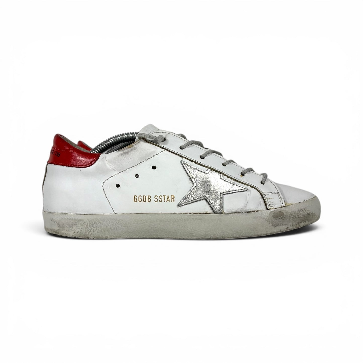 Golden goose Superstar bianche con stella argento e talloncino rosso 37