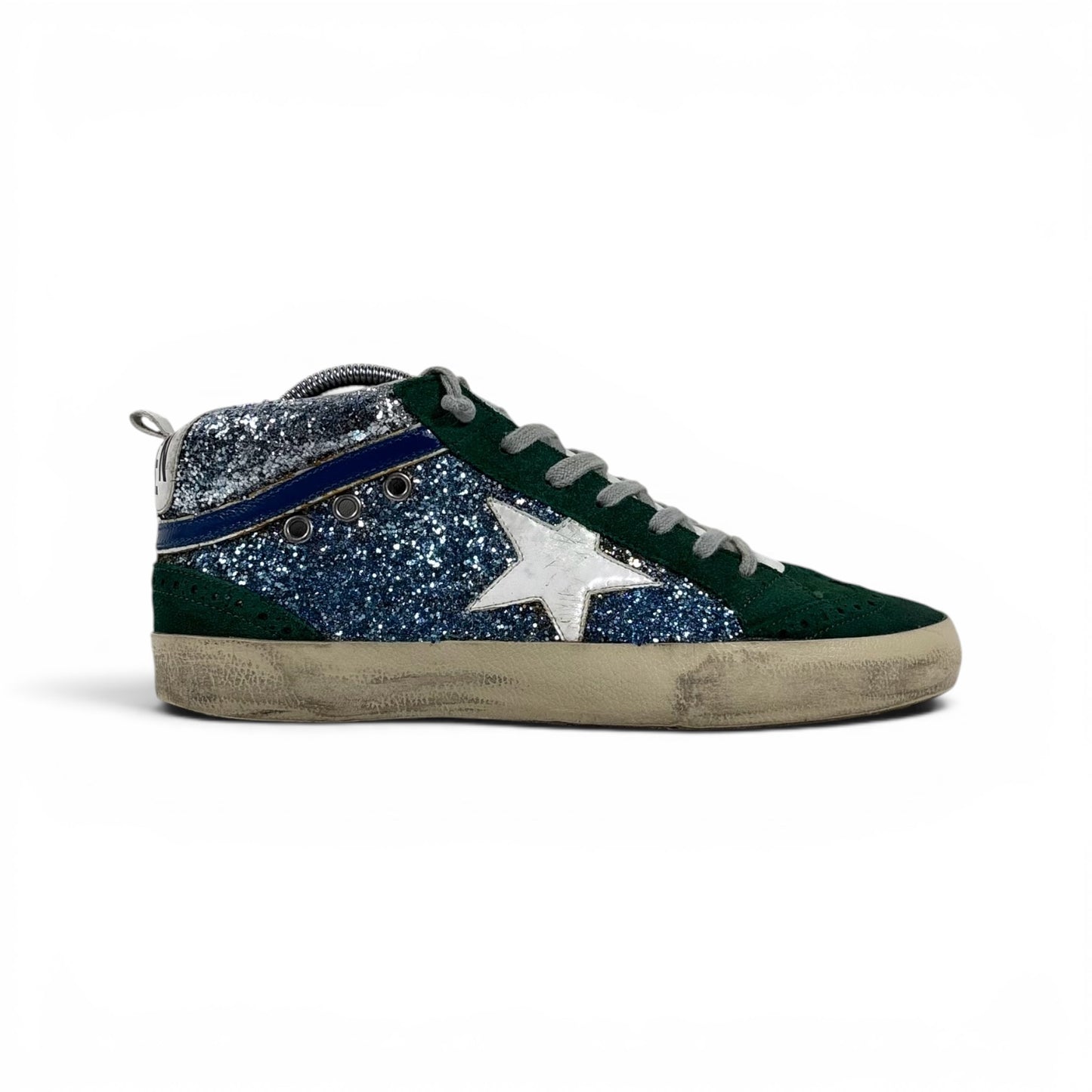 Golden goose Midstar con glitter blu, argento con stella bianca e punta verde 39