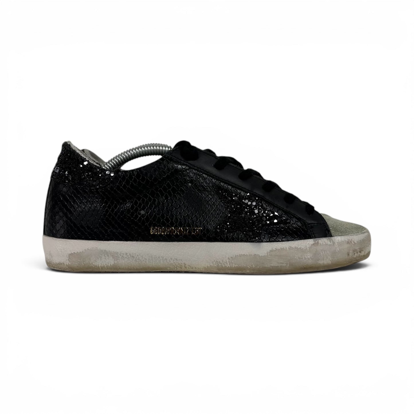 Golden goose Superstar nere a "squame" con stella e talloncini neri con paillettes 37