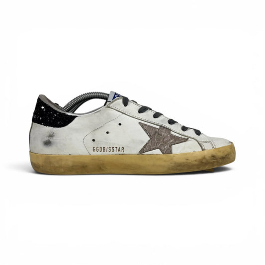 Golden goose Superstar bianche con Stella rosa "a squame" e talloncini neri brillantanti 37