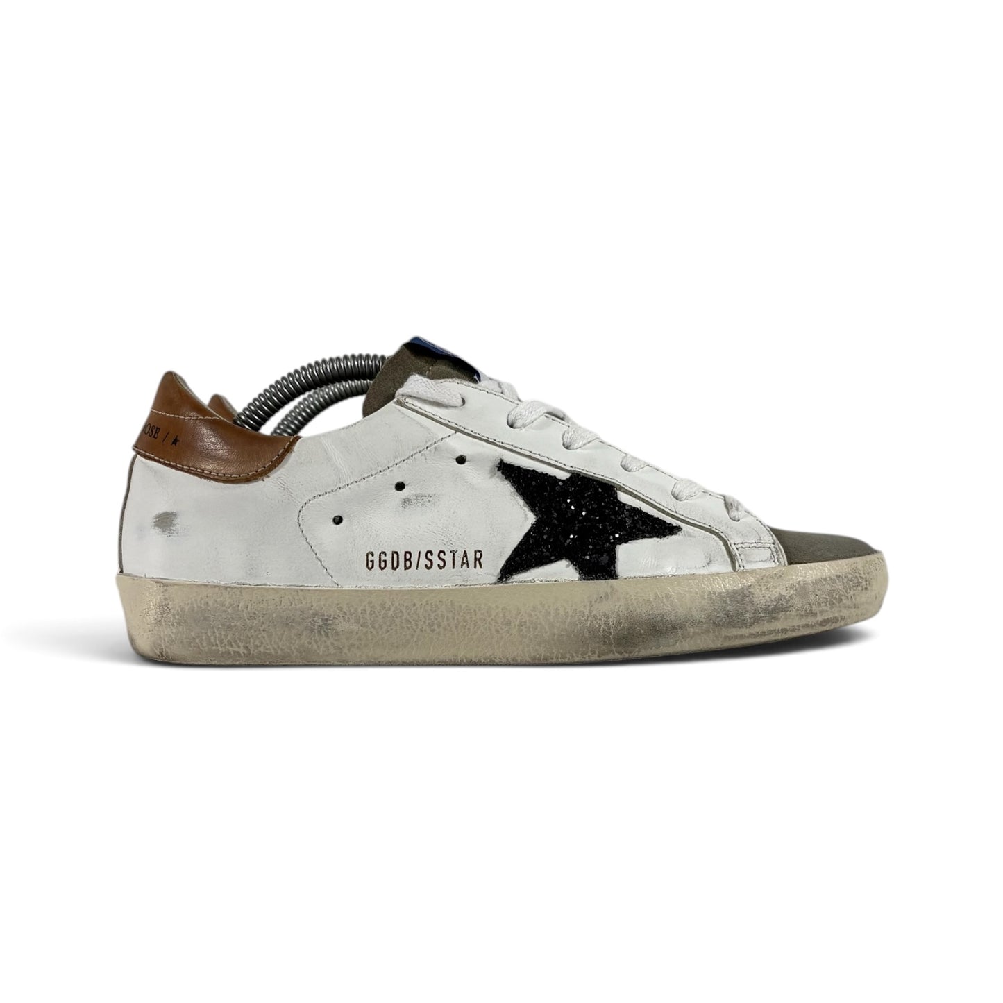 Golden goose Superstar bianche con stella nera glitterata e talloncini marroni 36