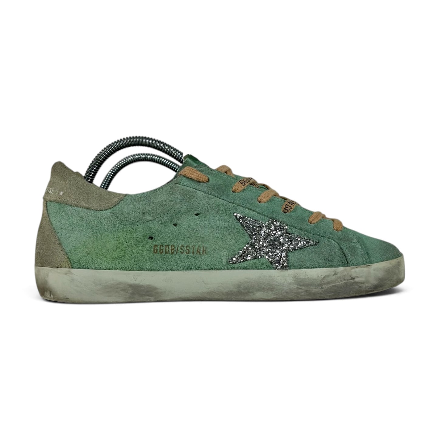 Golden goose Superstar verdi con talloncini tortora e stella argento glitter 39