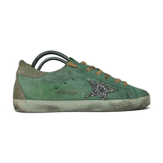 Golden goose Superstar verdi con talloncini tortora e stella argento glitter 39