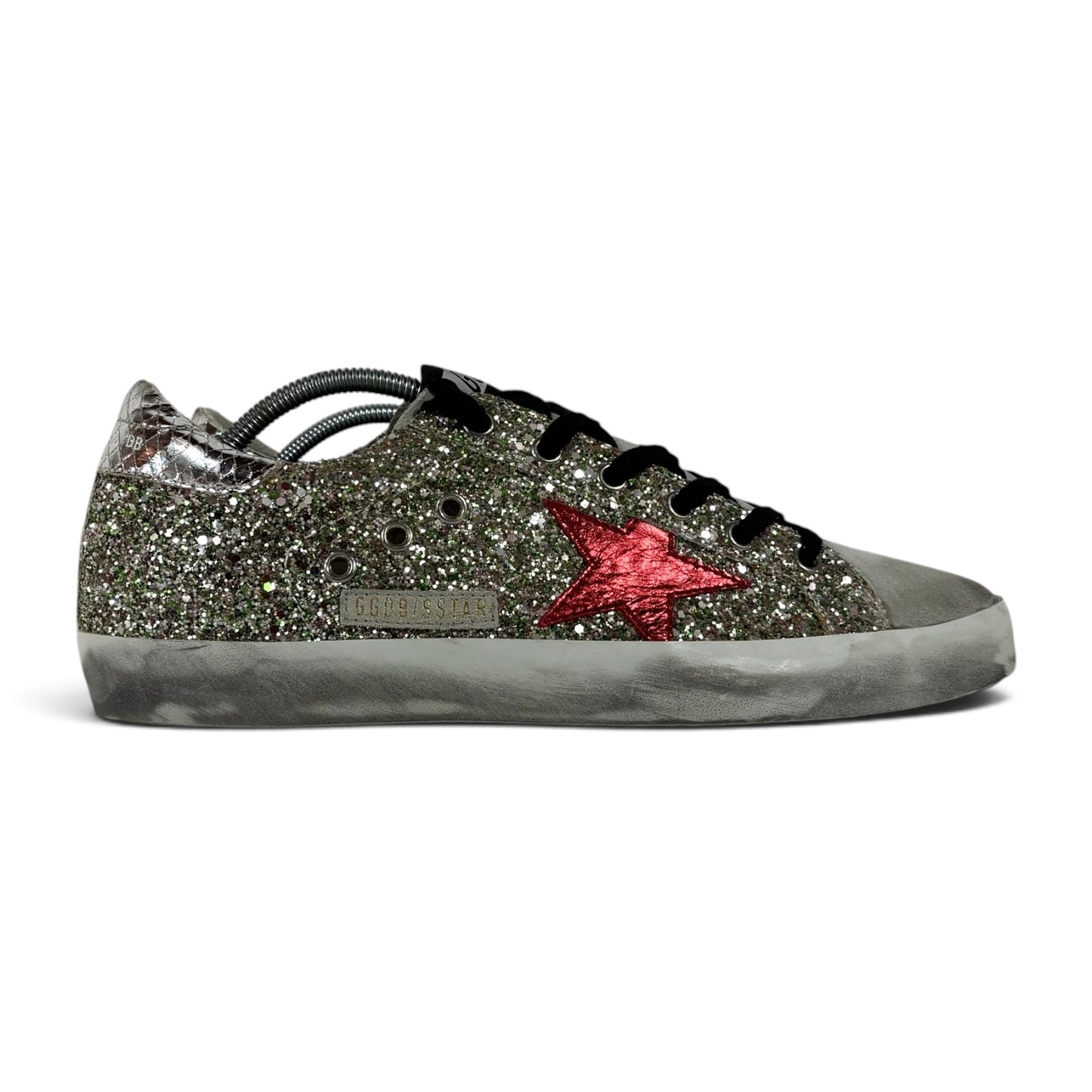 Golden goose Superstar in paillettes argento e oro su tomaia verde, talloncini argento e stella fucsia 41